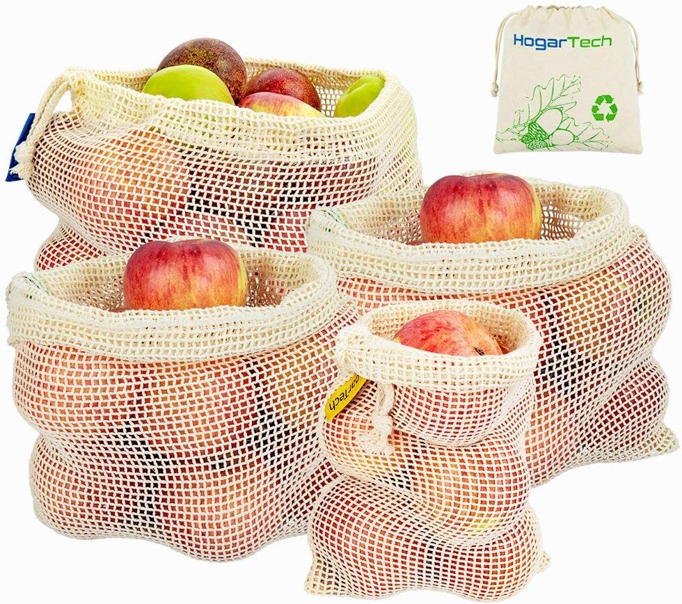 HogarTech Fruit and Vegetable Bags Reusable Cotton Mesh Produce Bag with Weights 4 x Zero Waste Shopping/Grocery Bags (1 Large, 2 Medium, 1 Small, 1 Storage Bag)