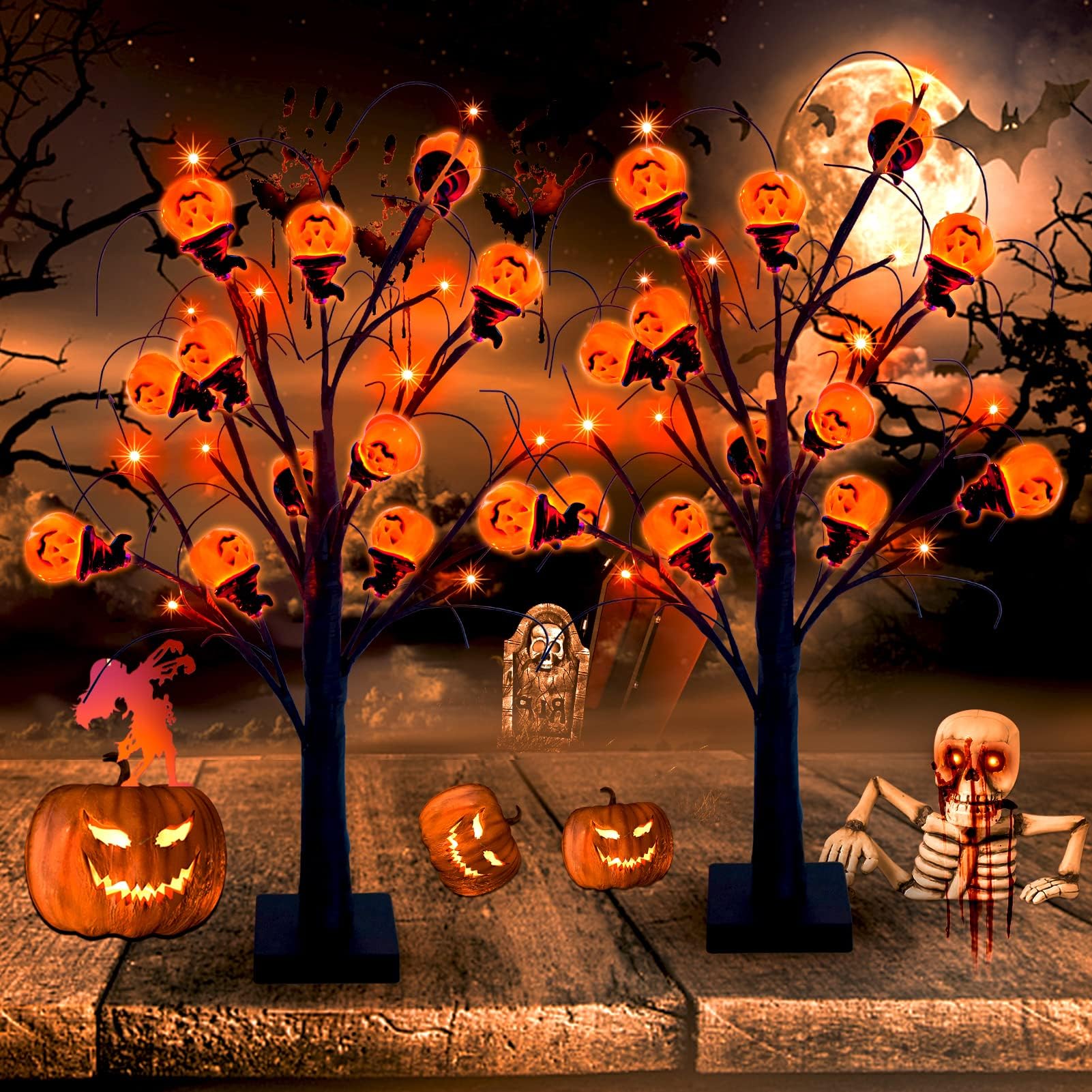 Hezbjiti 2 Pack 60cm Halloween Decorations 3D Pumpkin Tree Lights with 24 Warm White LEDs Battery Powered Tabletop Autumn Artificial Fall Tree for Halloween Thanksgiving Xmas Indoor Home Porch Decor