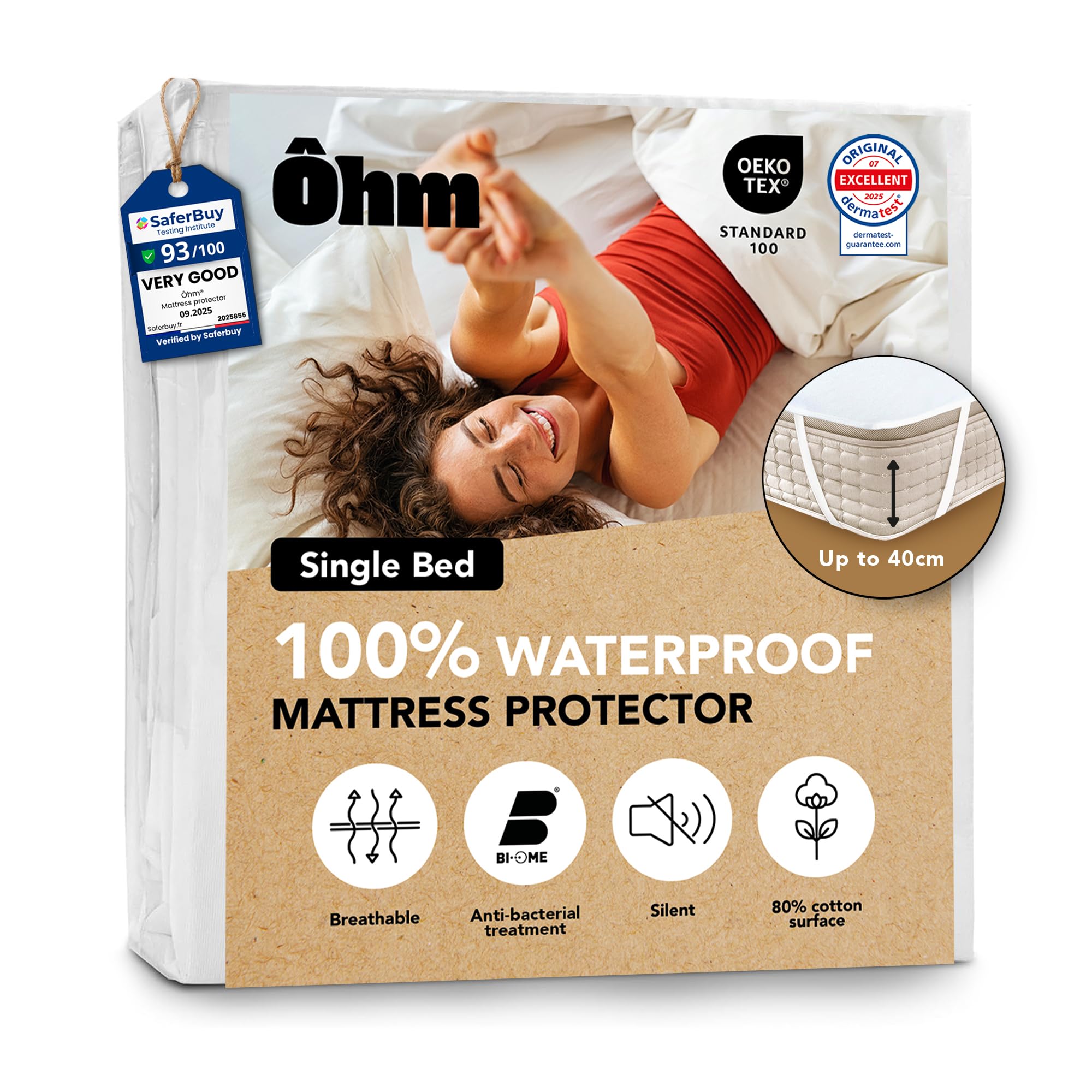 Waterproof Mattress Protector | Single Bed 90x190 cm | Hypoallergenic & Absorbent Cotton | 4 Corner Straps | Noise-free | Anti-Dust Mite | Fits up to 40 cm Deep | OEKO-TEX Certified | Ôhm