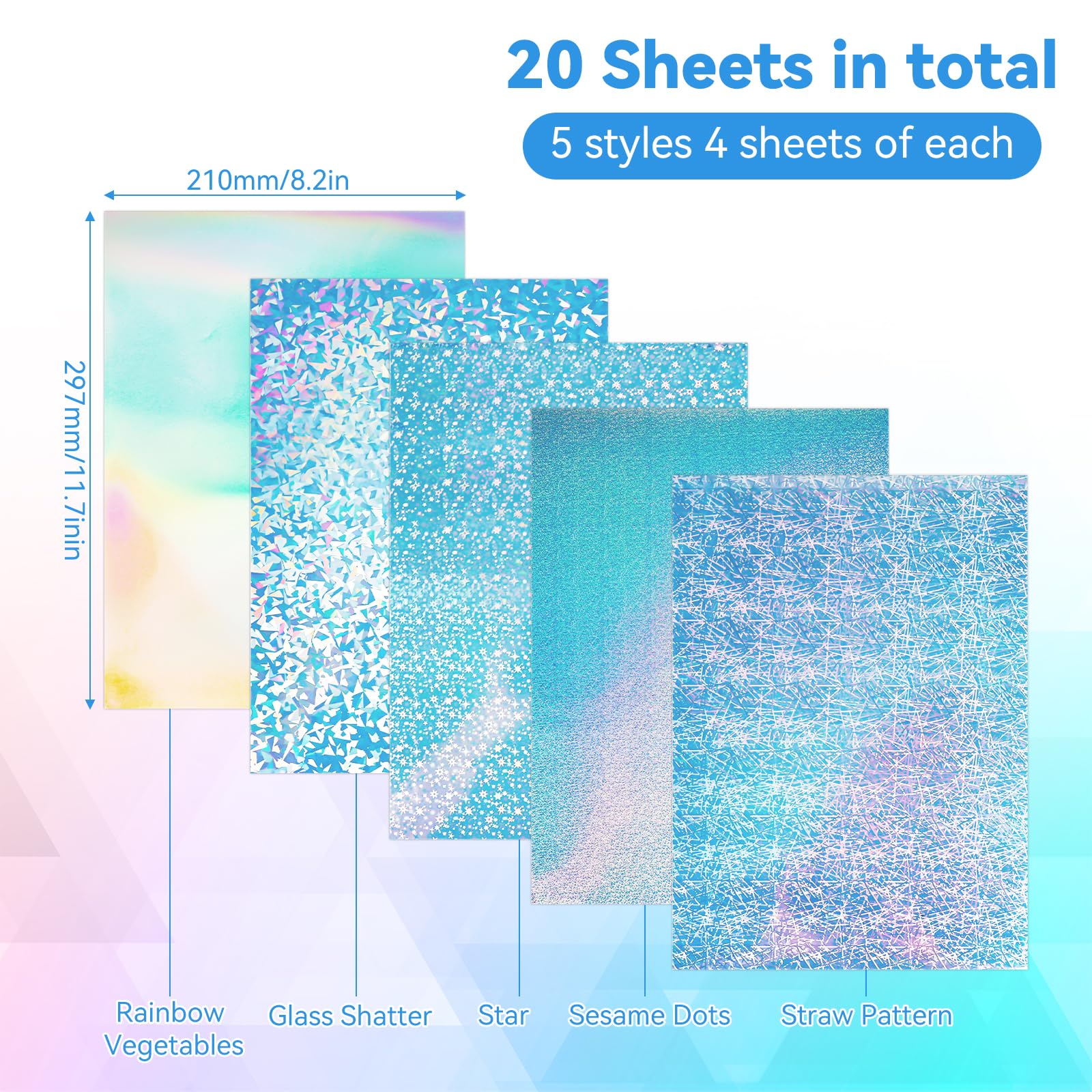 Carta Adesiva Olografica A4 - 20 Fogli Stampabili Per Decorazioni Fai Da Te | Effetto Arcobaleno - Foto 11