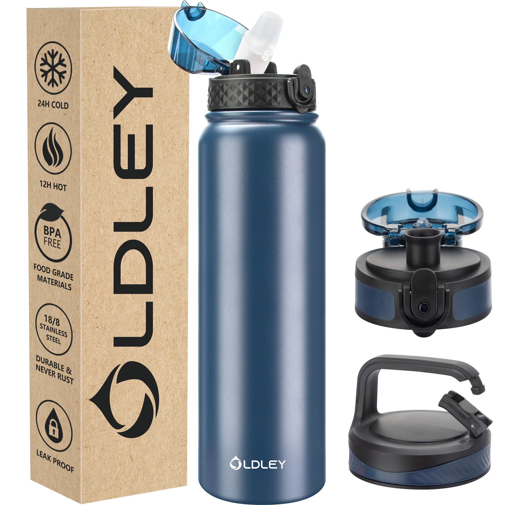 Oldley Insulated Water Bottle 32oz Water Bottles with Straw, Stainless Steel Water Bottle with 3 Lids, Double Wall Vacuum Bottels for Adults Kids,