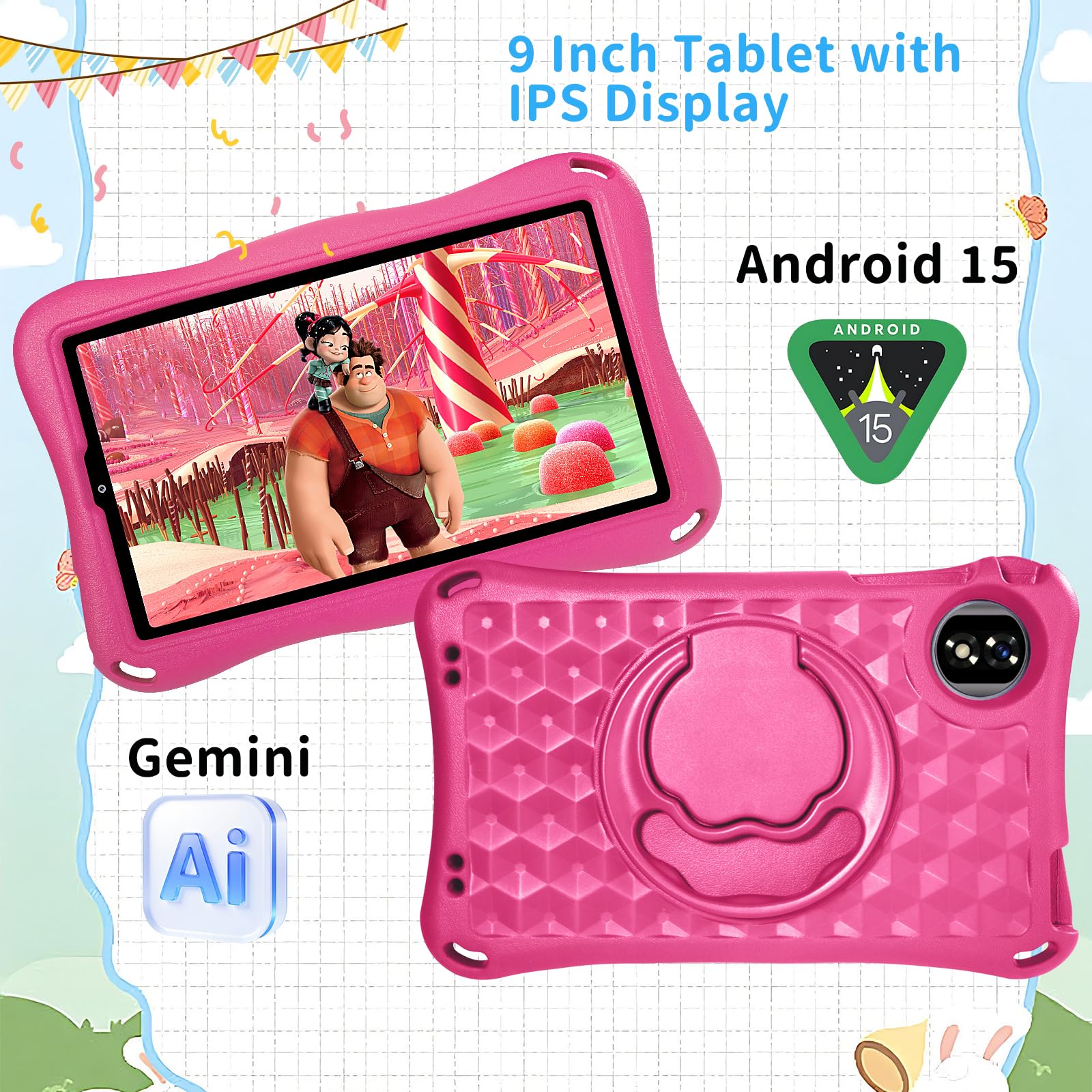 Tablet Bambini 9 Pollici Android 15 Tablet con Gemini Al, 12GB RAM+32GB ROM/TF 2TB,Octa-Core,2.0GHz,5G WiFi6,BT5.0,8+5MP,5000mAh,Widevine L1,Parentale Controllo Tablets con Eva Caso-Rosa
