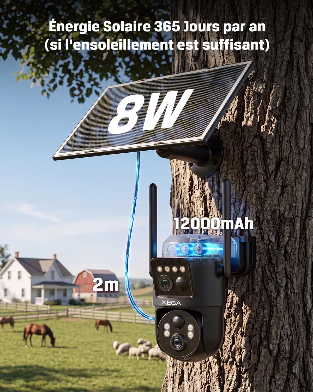 Xega 4G LTE Caméra Solaire Double Objectif avec Carte SIM Extérieure