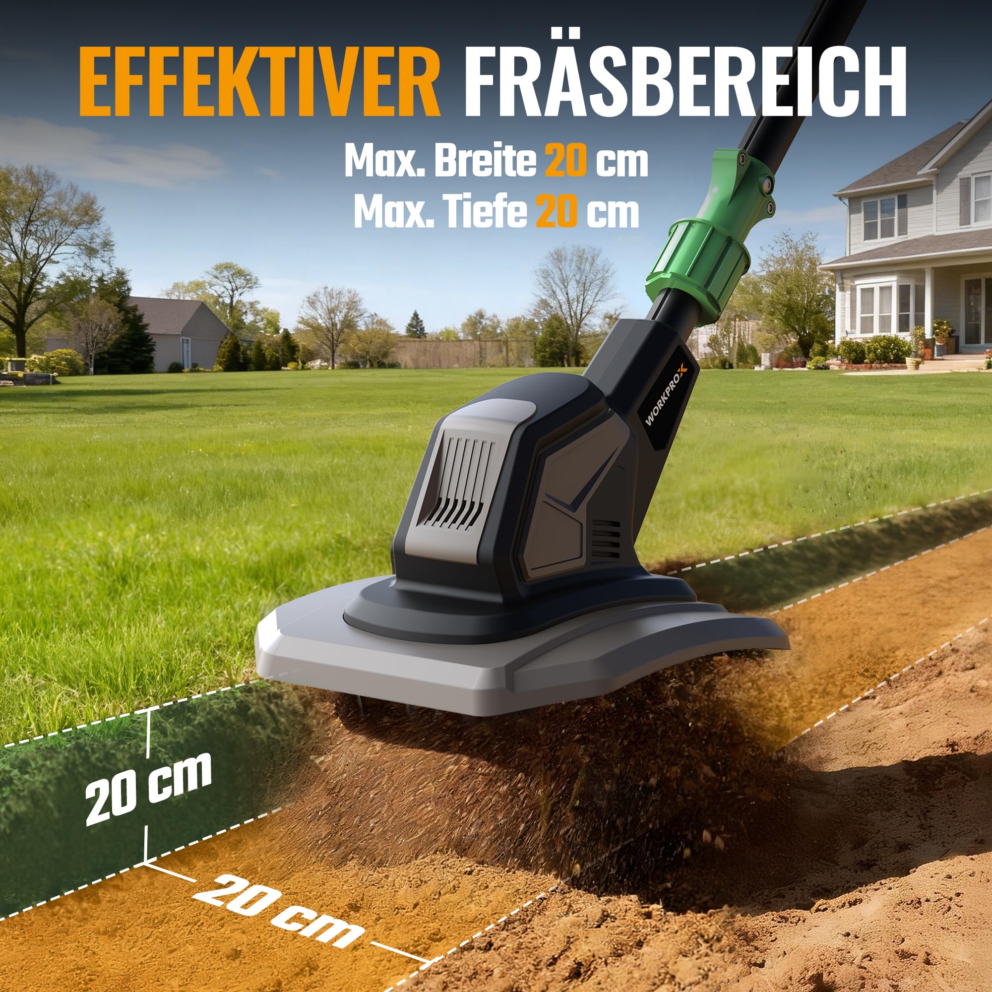 WORKPROX 20V Akku Gartenfräse, Motorhacke mit 4,0Ah Akku, Kabellos & Ölfrei, 20 cm Fräsbreite & 20 cm Arbeitstiefe, 3-Stufig Verstellbarer Griff, Abnehmbare Klinge, Bodenfräse für Garten & Beet