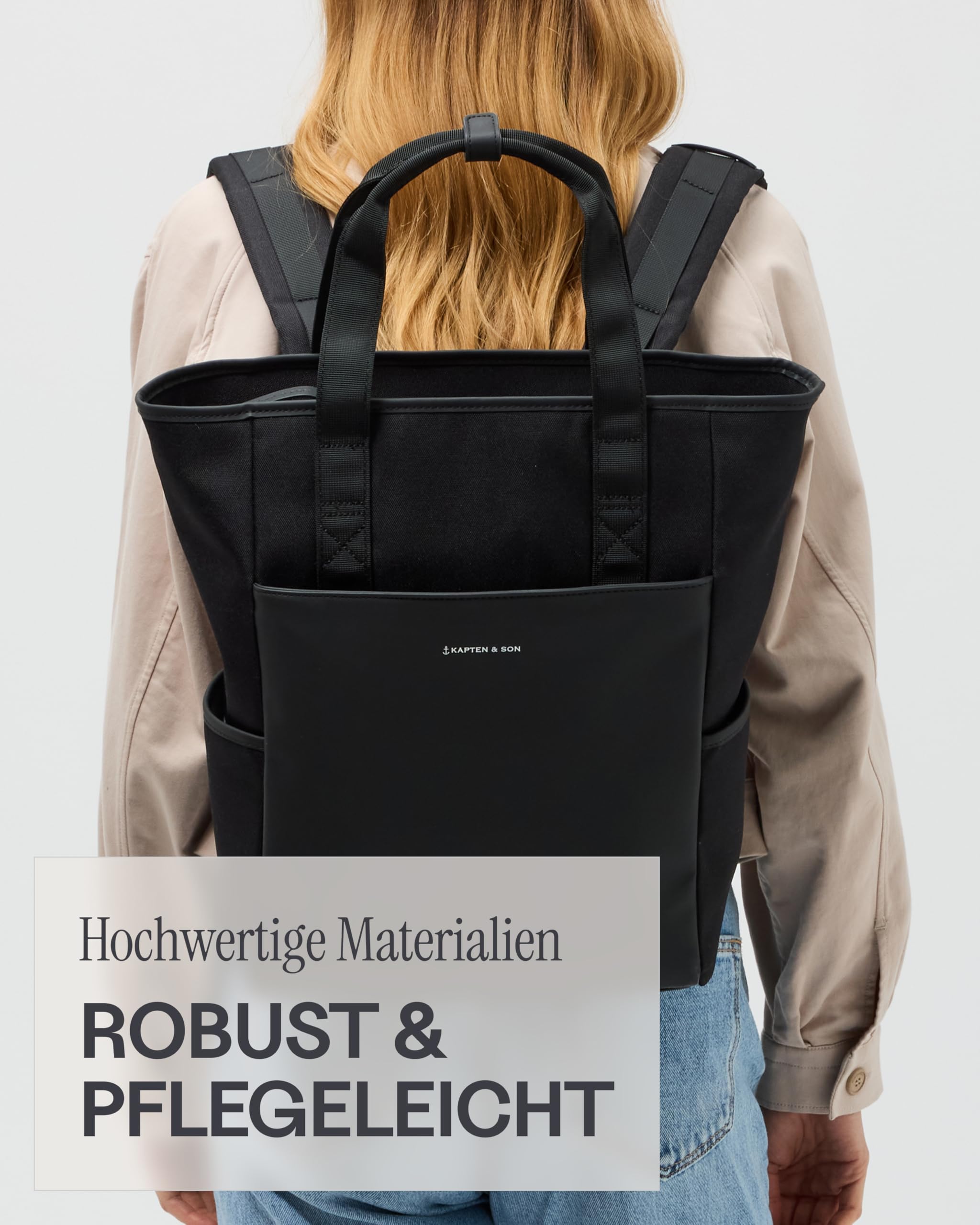 Kapten & Son Rucksack Lindby All Black 18 L | 2in1 Tasche & Rucksack | inkl. Kofferbefestigung, Laptopfach, Flaschenhalterung | Shopper Damen