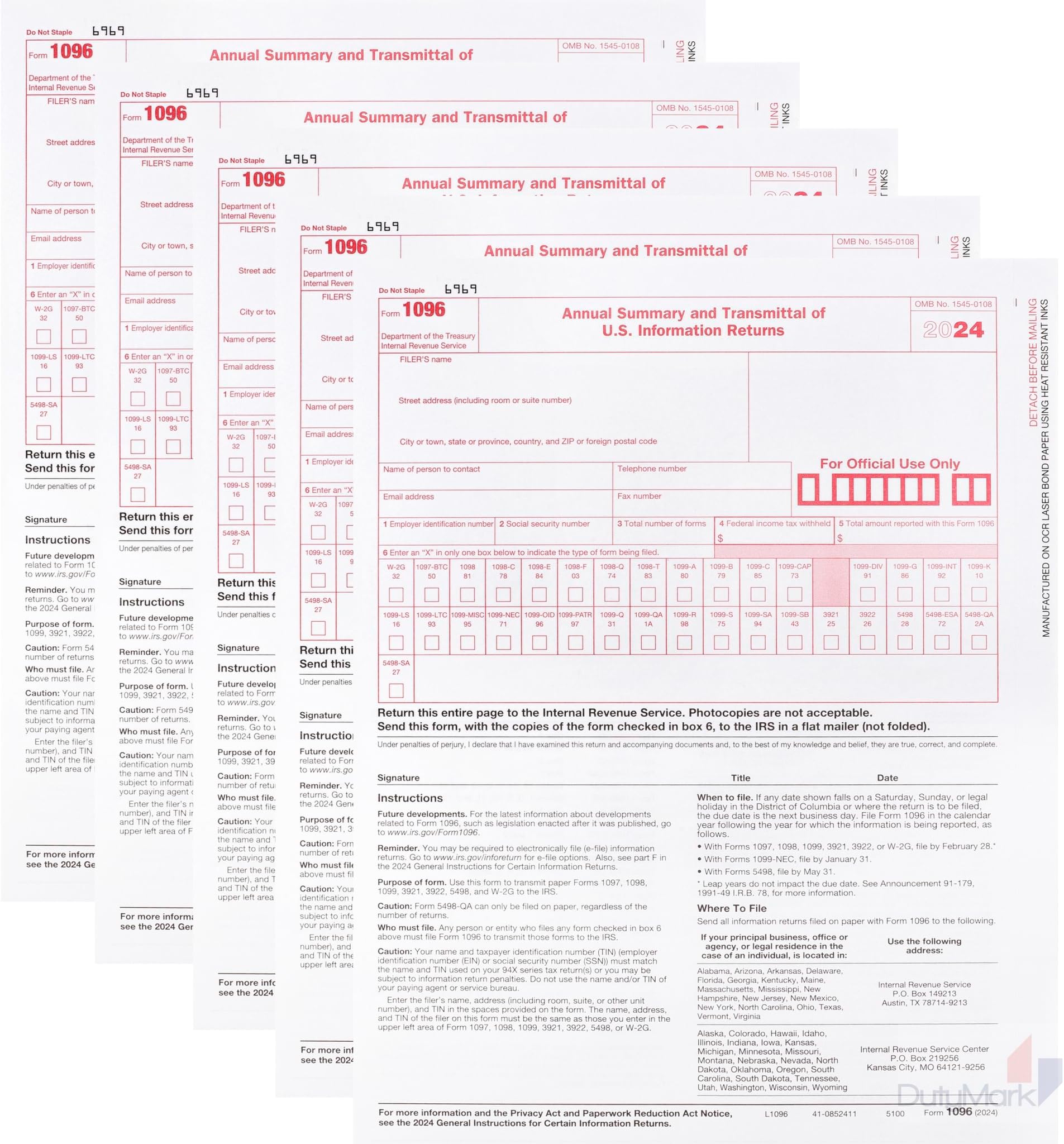 1096 Transmittal Tax Forms 2024, 25 Pack of 1096 Summary Laser Tax Forms 1096 Forms, Compatible with QuickBooks and Accounting Software