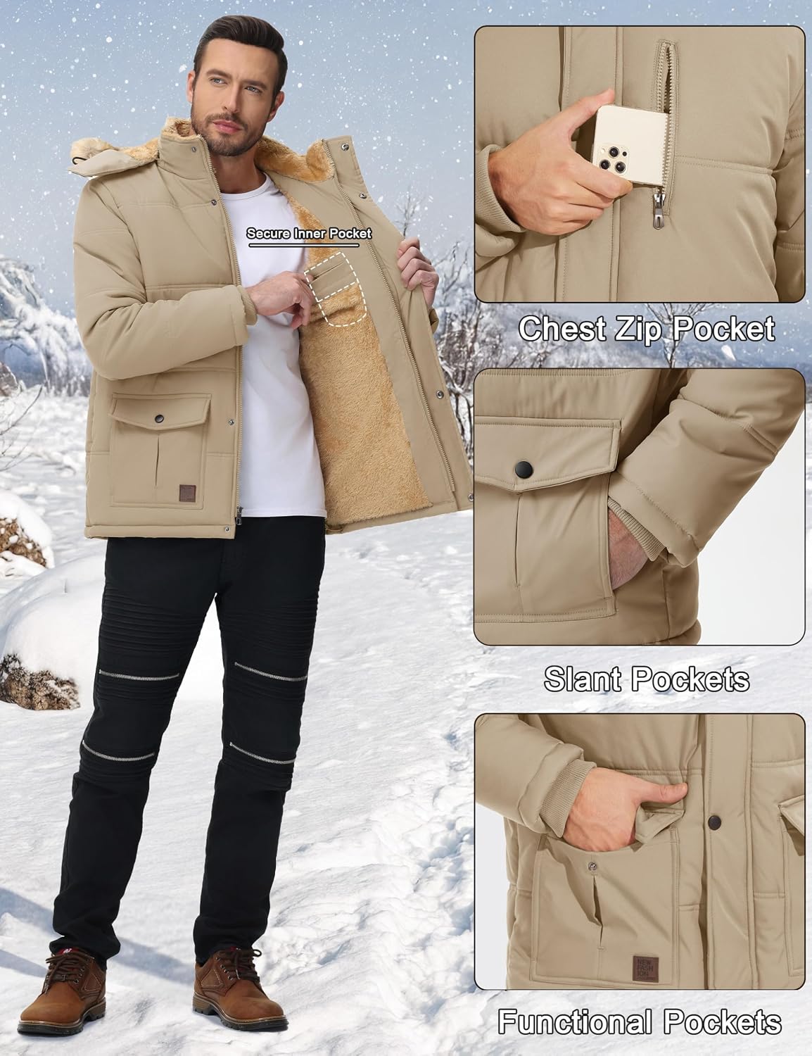 Cotrasen Men's Winter Jacket Warm Fleece Lined Hoodie Parka Coat