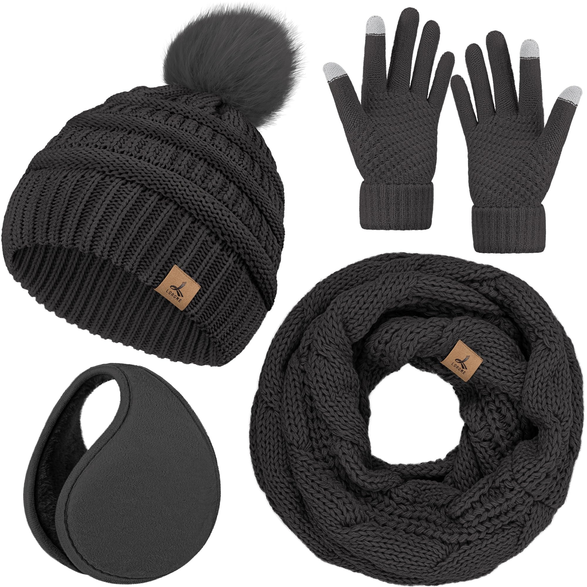 Winter Hat Scarf Gloves and Ear Warmer, Warm Knit Beanie Hat Touch Screen Gloves Set Winter Gifts Neck Scarves for Women
