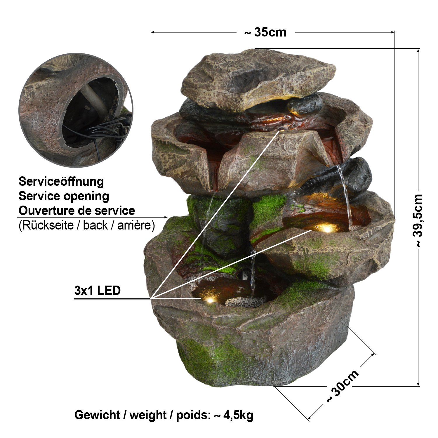 Zierbrunnen mit LED-Licht 230V Wasserfall für Garten, Gartenteich, Terrasse, Teich