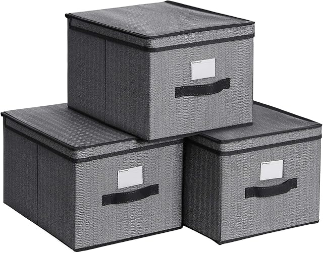 SONGMICS Set of 3 Storage Boxes, Folding Storage Organiser with Lid and Label Holder, 40 x 30 x 25 cm, Linenette Non-Woven Fabric, Black RFB003B01