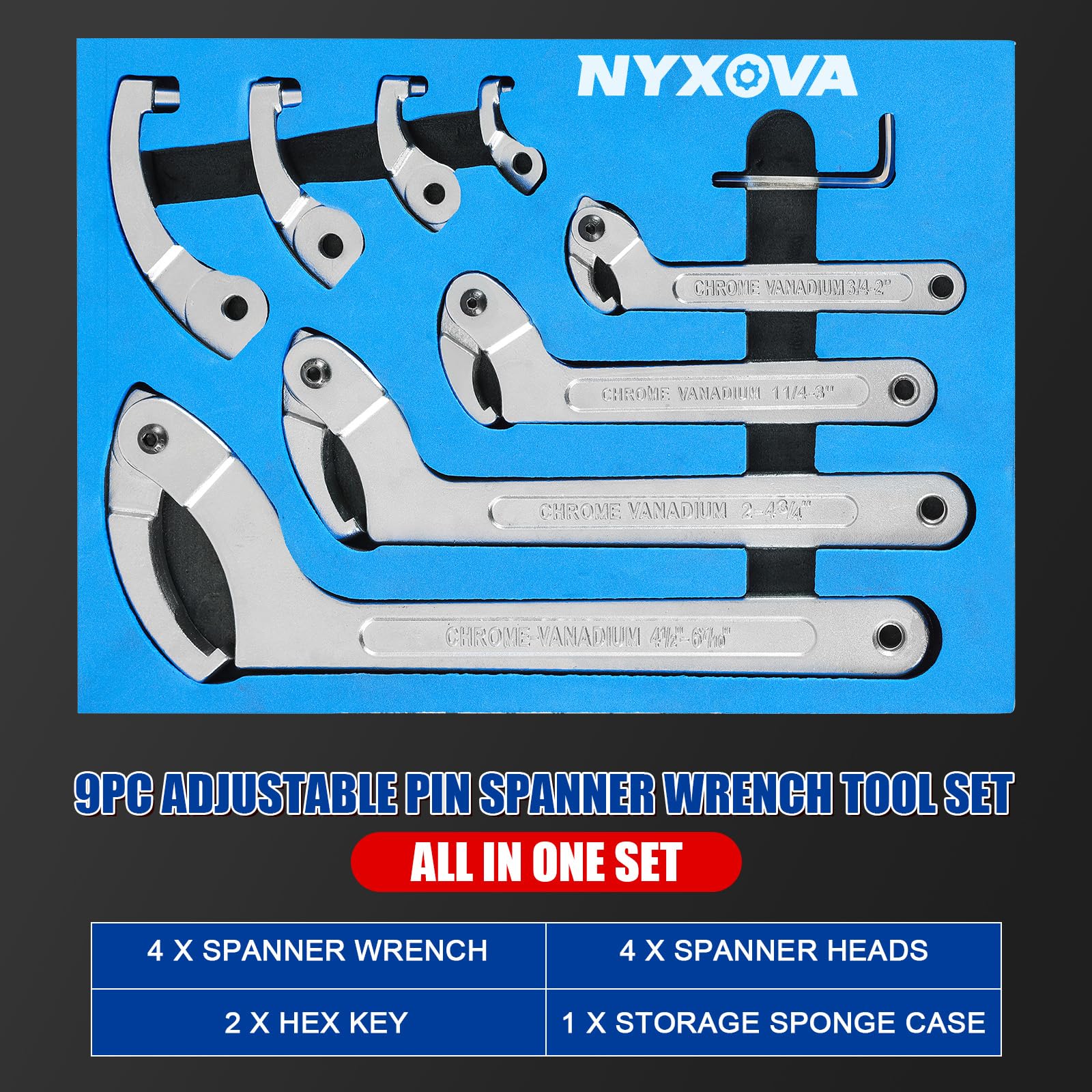 NYXOVA Set di 9 chiavi a perno regolabili, chiave a gancio a C, con testa intercambiabile, per tubi di riscaldamento auto, chiavi a gancio a spirale, da 3/4" a 6-1/10"