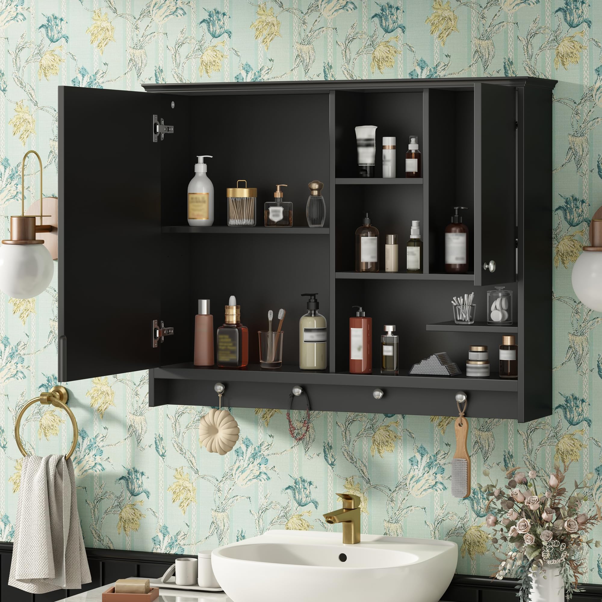 Virubi Medicine Cabinet with Mirror, Wall Mounted Bathroom Cabinet with Open Adjustable Shelf, 2 Doors & 4 Round Hooks Over Toilet Storage Cabinet with Open Compartment, 36''W x 7.7''D x 28.2H