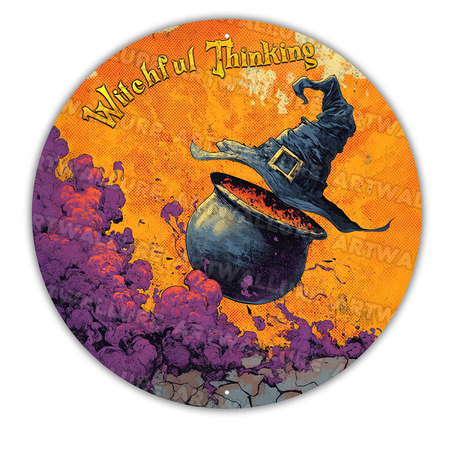 Witchful Thinking Witch Hat Metal Tin Sign Vintage Halloween Decor Gothic Wall Art Retro Plaque Spooky Home Bar Decor 12x12inch
