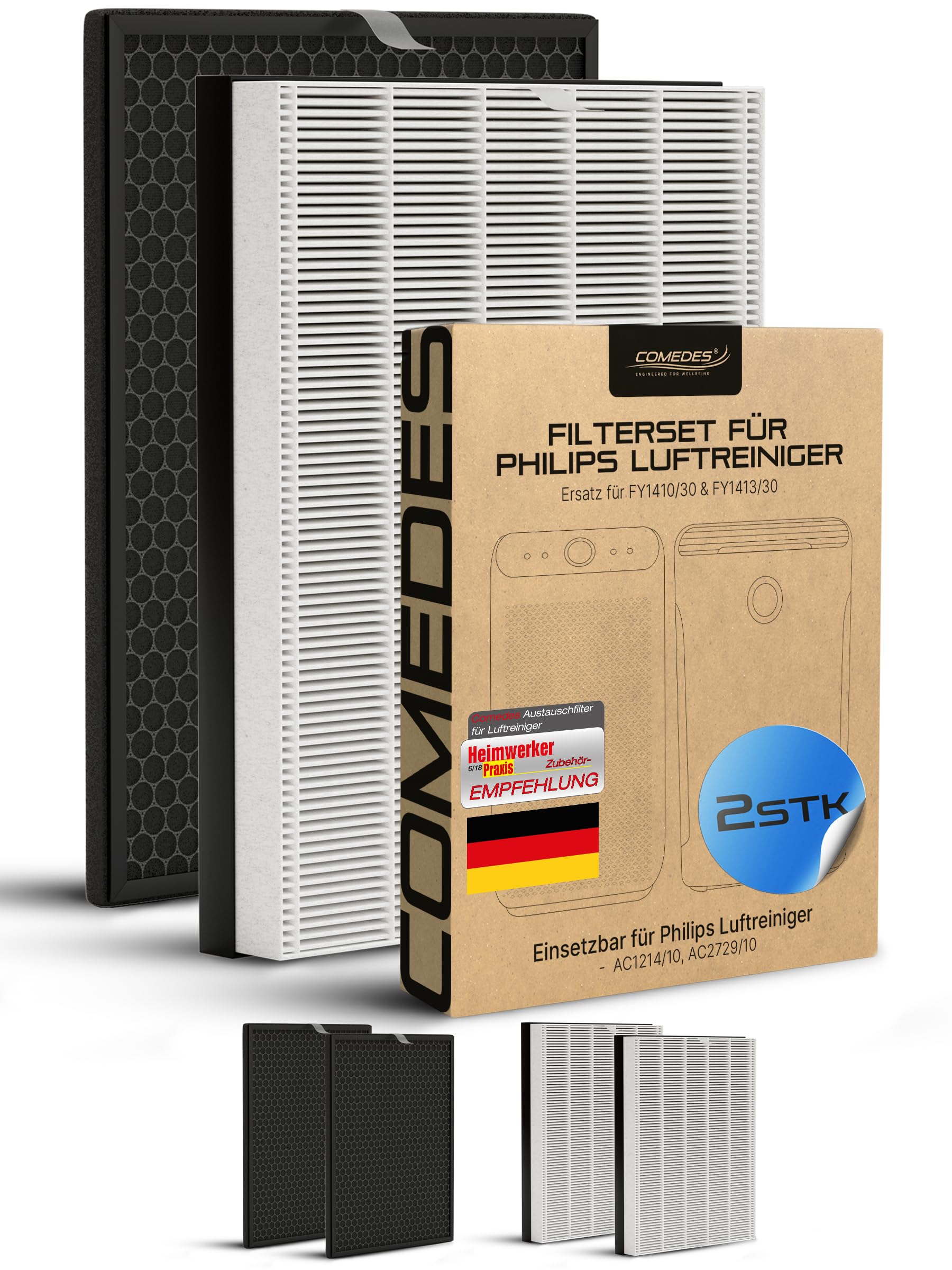 Comedes Ersatzfilterset passend für Philips AC1214/10 und AC2729/10 Luftreiniger | HEPA- und Aktivkohle-Filter | einsetzbar statt Philips FY1410/30 und FY1413/30 (2 Sets)