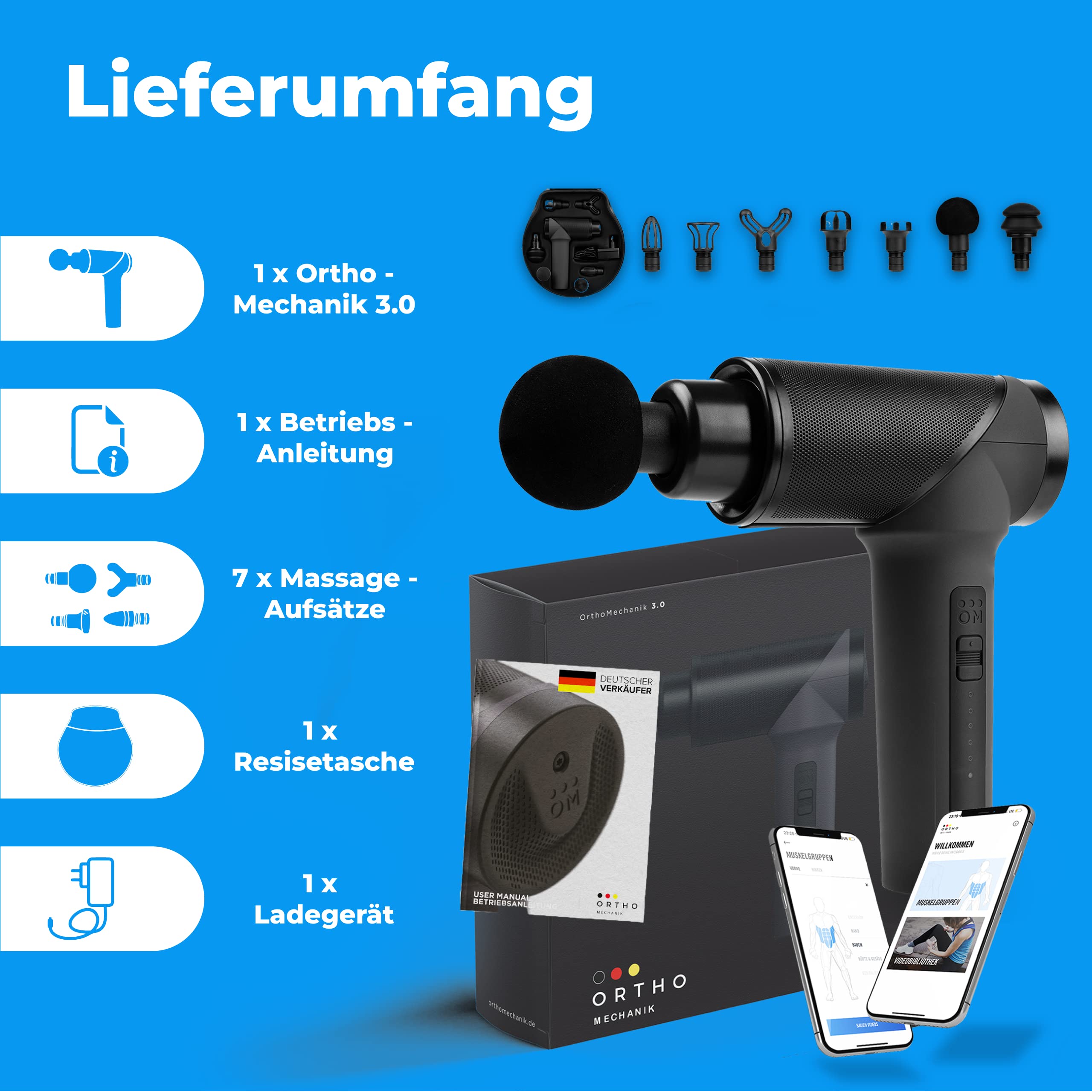OrthoMechanik® 3.0 | OrthoGun | Hochwertige Massagepistole mit App & 7 Aufsätzen I inkl. Koffer | 160W Motor & 5 Intensitäten für Schmerzlinderung & Entspannung I Bis zu 360 Min. Laufzeit