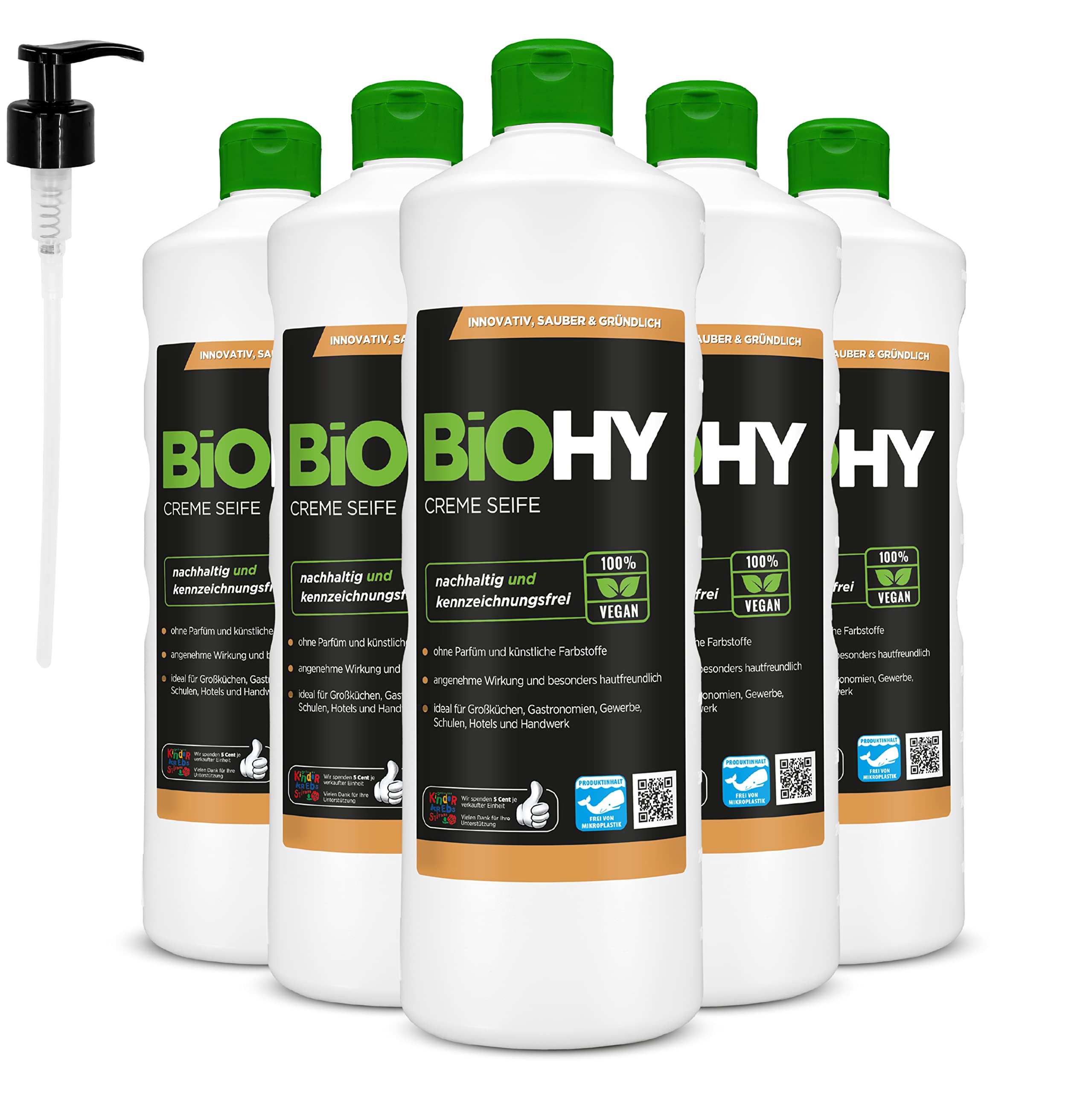 BiOHY Sapone cremoso (6 bottiglie da 1l) | Ricarica di sapone per le mani delicato, idratante e inodore del settore vegetale PRIVO DI FOSFATI | Senza coloranti (Creme Seife)