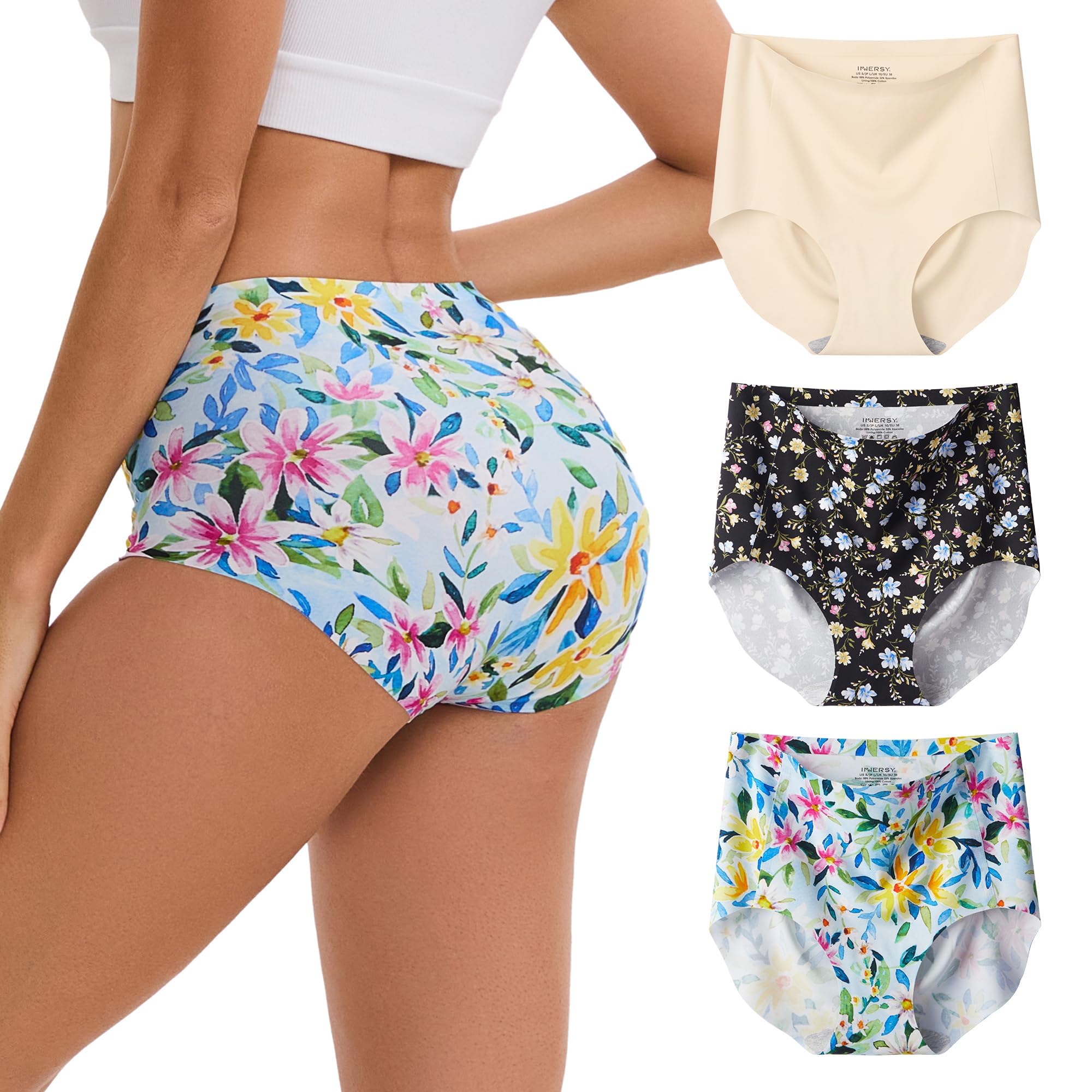 INNERSY Womens High Waist Seamless Underwear No Show Panties Full Coverage Briefs 3-Pack