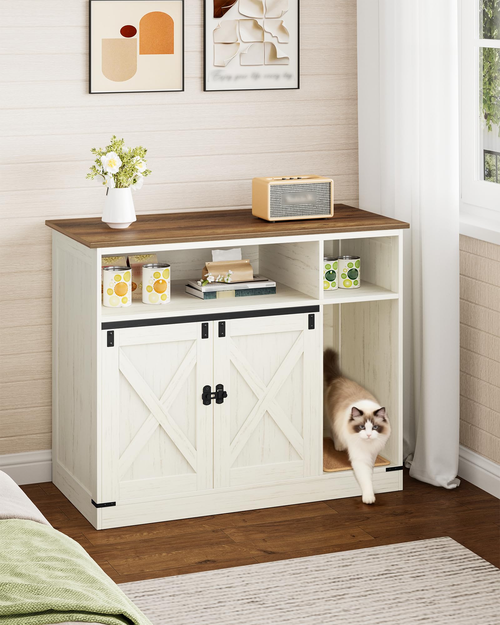 Hzuaneri Cat Litter Box Enclosure, Hidden Litter Box Furniture with Storage, Wooden Cat Cabinet with Scratch Pad, Farmhouse Cats House, TV Stand End Table, Rustic Brown and White CB88614X - image 3