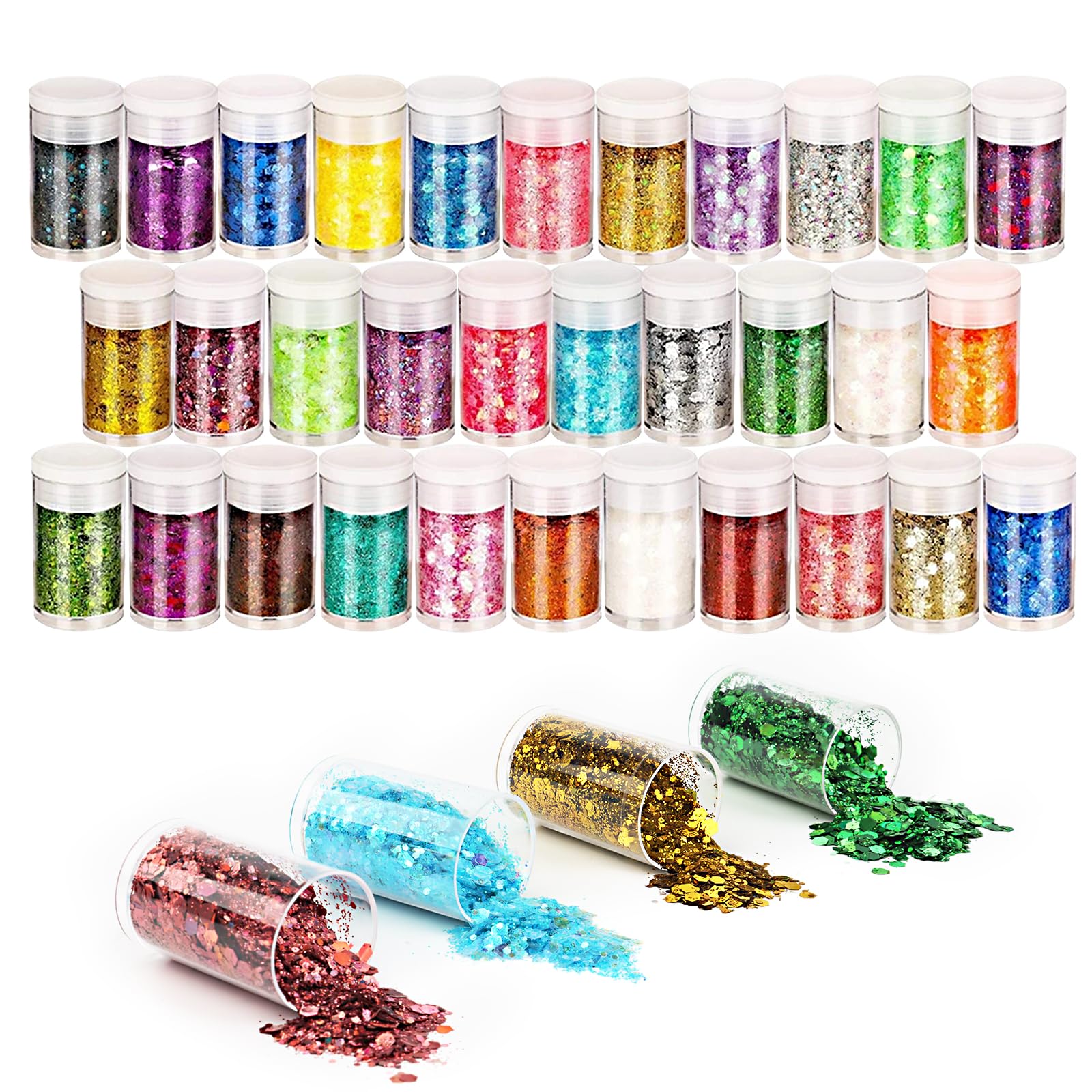 VMUTGA 32 Colores Purpurinas Polvo, Purpurina Holográfica Gruesa Purpurina Extra Fina Mezclada Purpurina Brillante para Ojos Cara Pelo Uñas Resina Epoxi Manualidades Brillante Decoración Festival