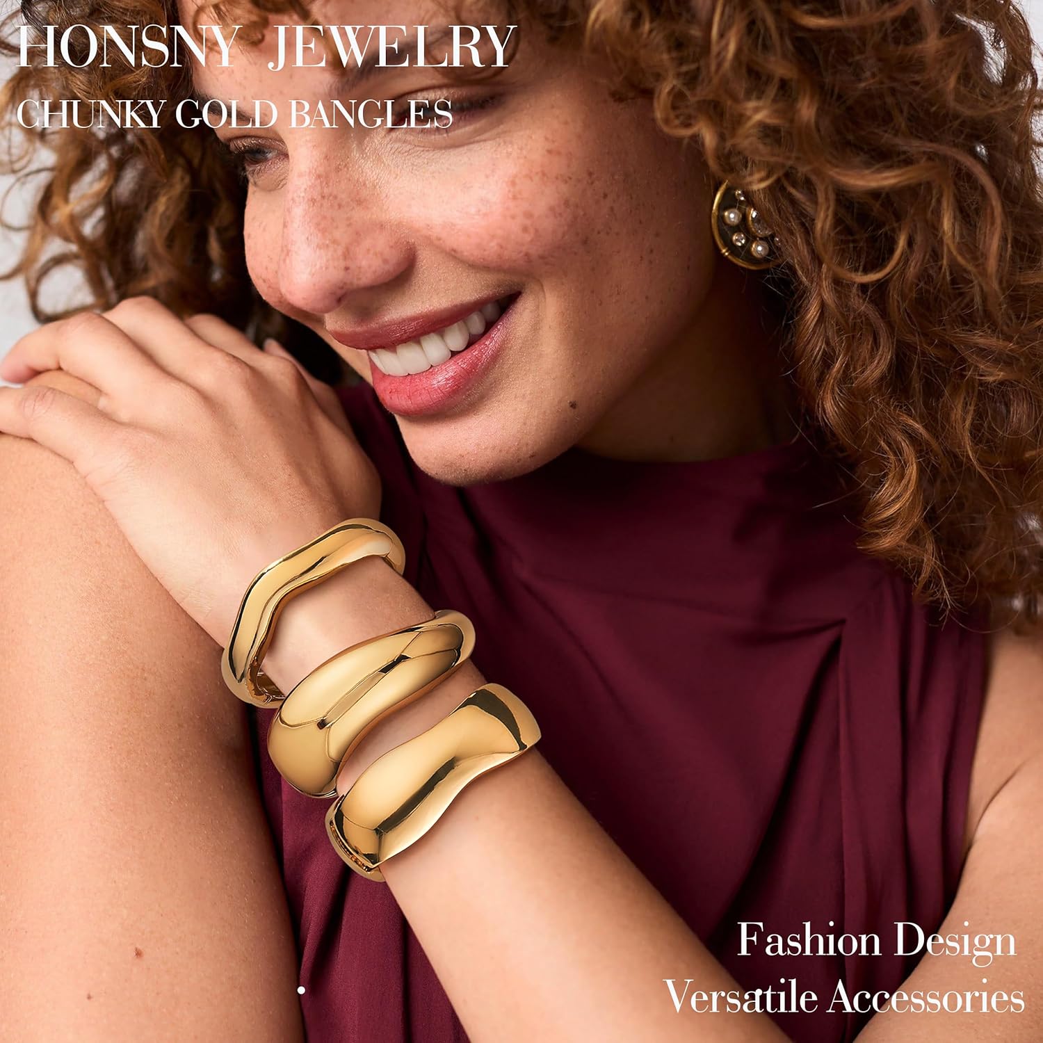 Honsny 2-3Pcs Chunky Gold Bangle Bracelets for Women Non Tarnish Stackable 14K Gold Plated Charm Cuff Bracelet Stack for Women Trendy Dainty Big Bangles Waterproof Jewelry Fashion Gifts - Image 2