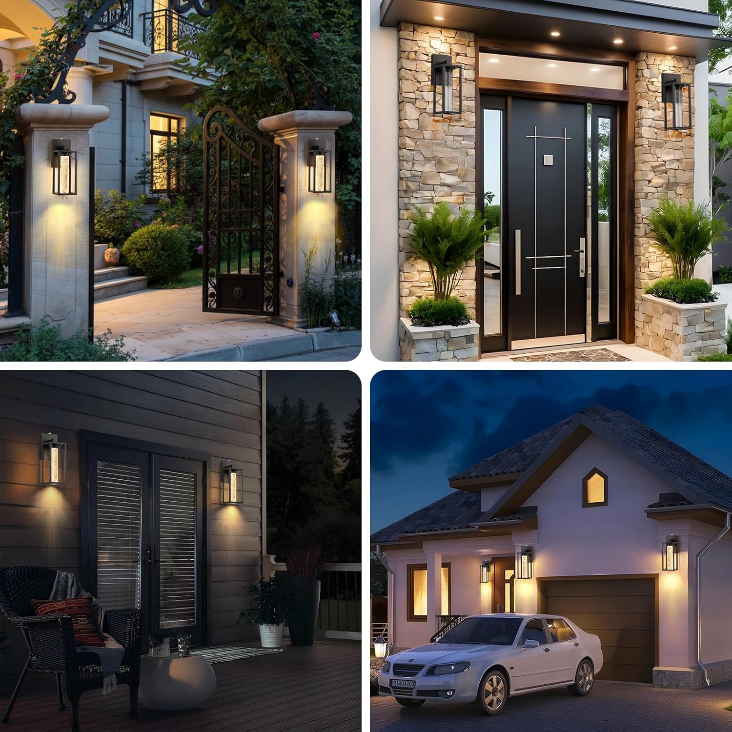 WIHTU Dusk to Dawn Porch Light, Sensor Outdoor Light Fixture for House with Crystal Bubble, Modern Matte Black Exterior Lighting Fixtures, 2 Pack Outside Lanterns for Garage Entryway