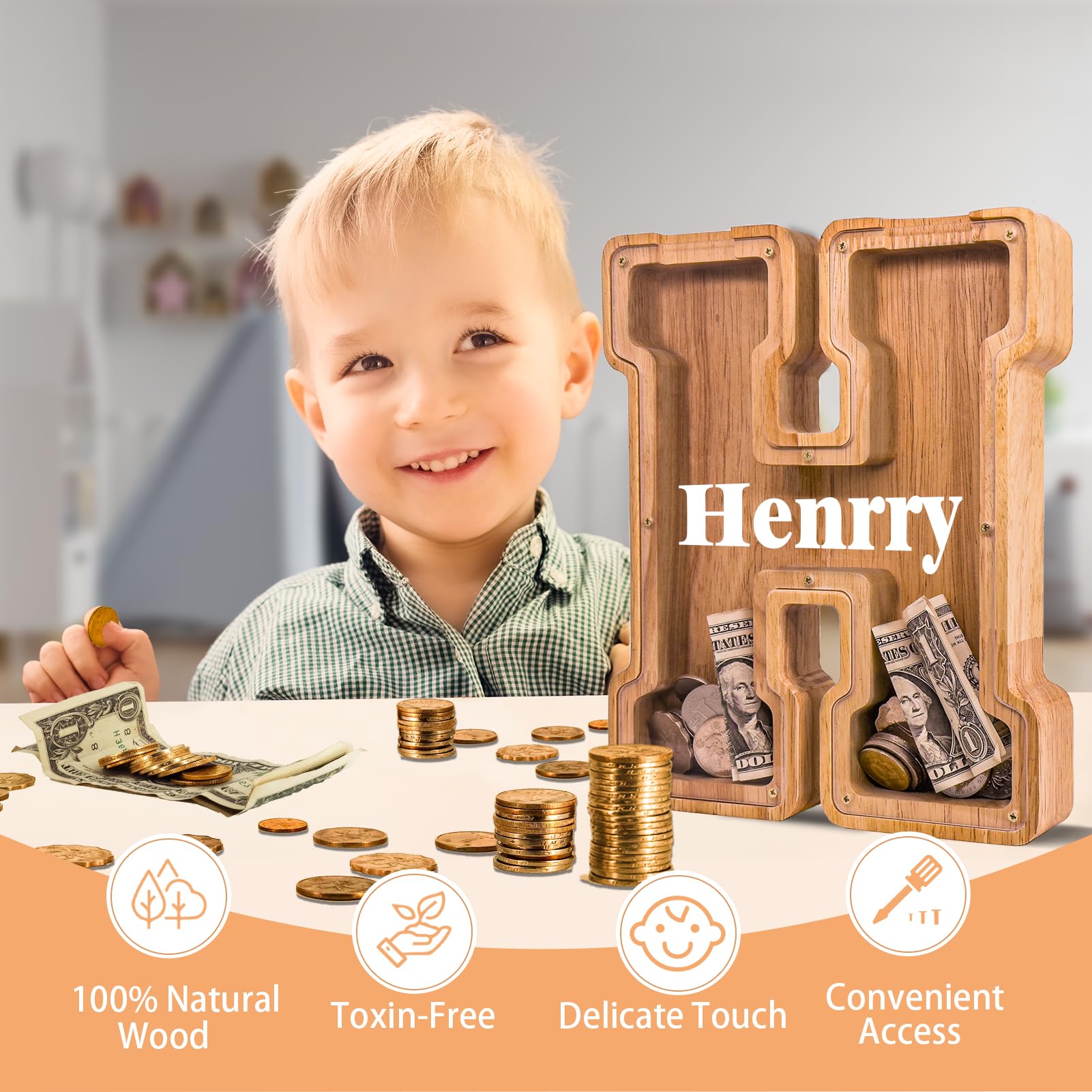 Wooden Letter Piggy Bank for Kids Larger Alphabet Letter Bank for Boys Initial Coin Bank Personalized Piggy Bank Wood Money Save Box for Birthday and Festival-Upgrade 9