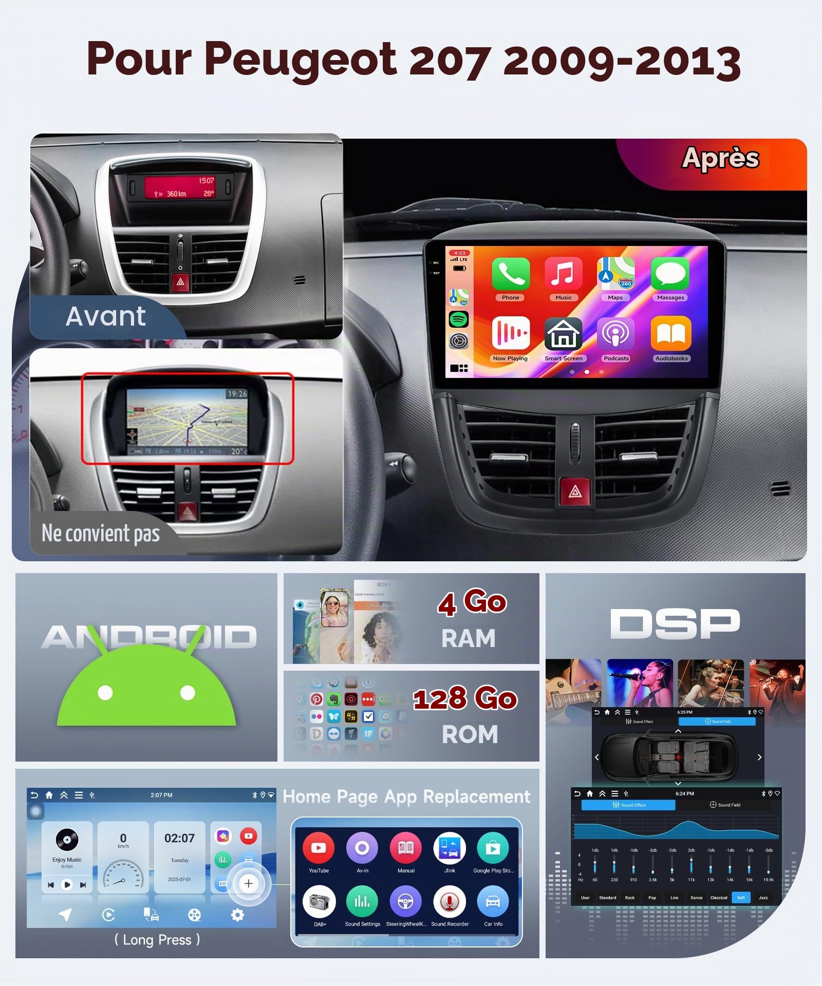 【4+128G】 Hodozzy Carplay Autoradio pour Peugeot 207 2005-2015, 10 Pouces Ecran in-Cell Android Autoradio avec Bluetooth 5.0/Android Auto/WiFi/GPS/RDS/FM/USB/DSP