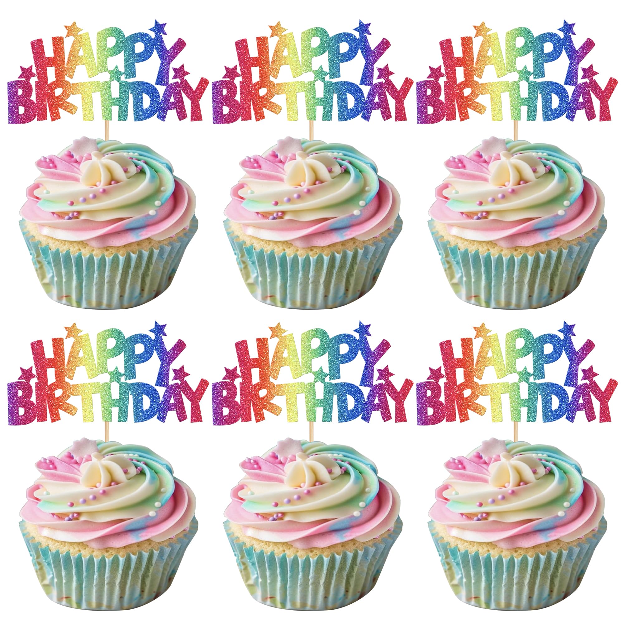 Xsstarmi 24 Pack Happy Birthday Theme Cupcake Toppers Colorful Glitter Star Boys Girls Princess Birthday Theme Cupcake Picks Decoration for Baby Shower Happy Birthday Party Cake Decorations