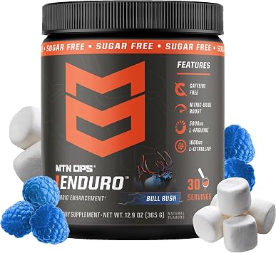 MTN OPS Enduro Nitric Oxide Pre Workout Powder Zero Sugar Stimulant Free Preworkout Caffeine Free with L Arginine L Citrulline Pump Formula 30 Servings Bull Rush