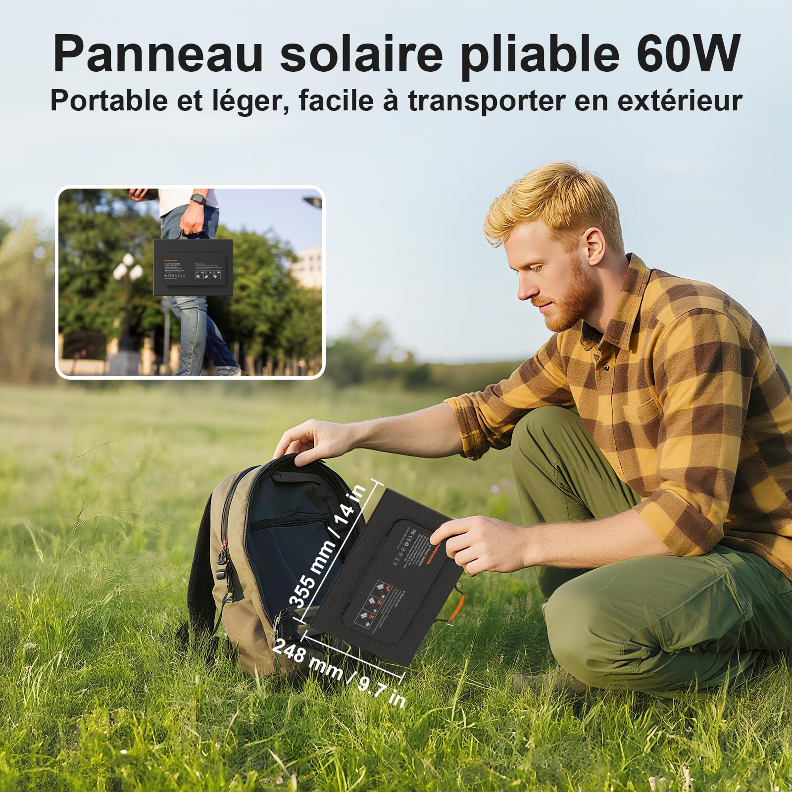 Chargeur solaire portable 60W avec support, panneau solaire pliable avec sorties USB-C, USB-A et DC, pour le la randonnée, l'alimentation de secours pour les petits générateurs électriques