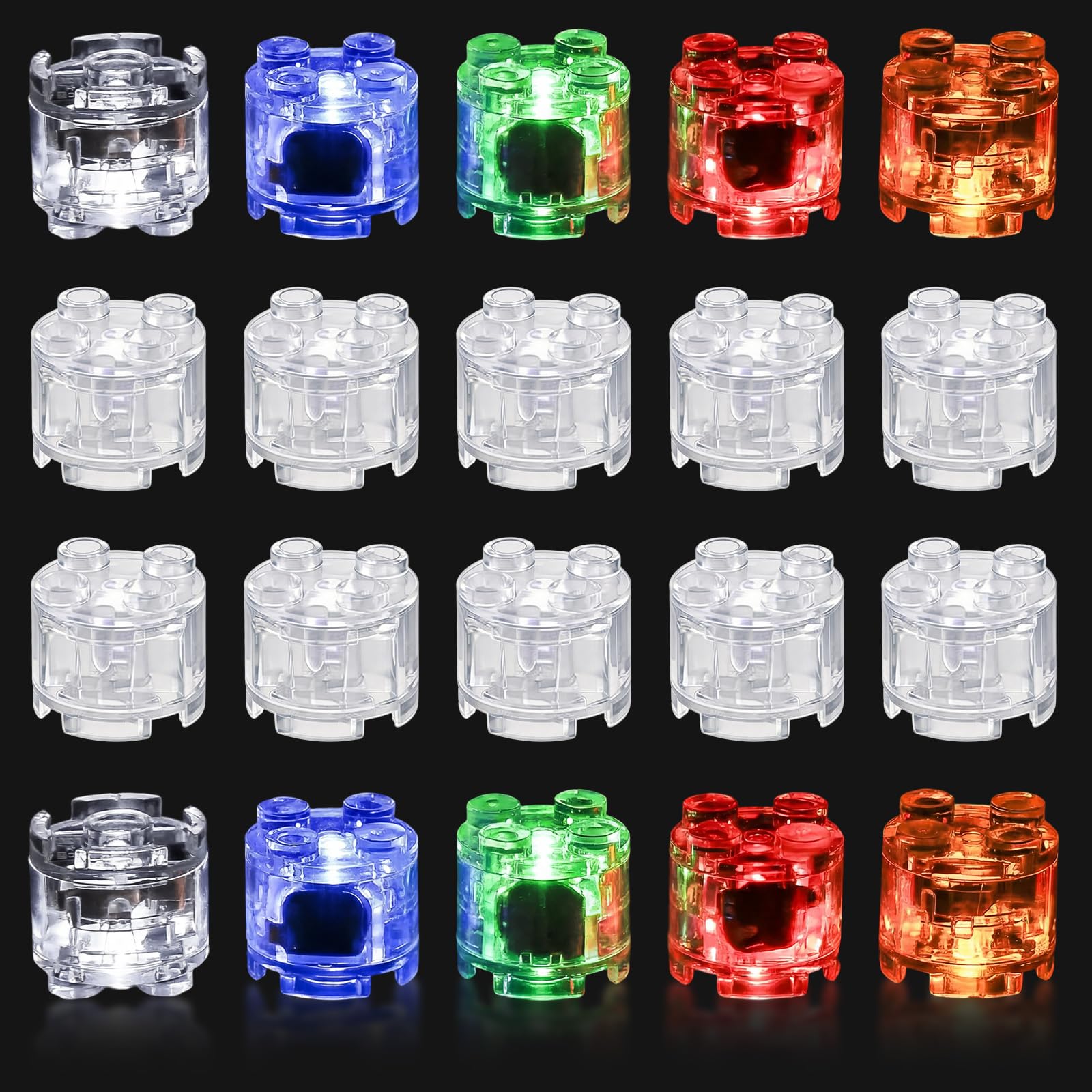 Xerteam 20 Stück Leuchtende Bausteine LED Set, 2x2 Leuchtsteine,Transparent, Leuchtbausteine Spielzeug mit Austauschbaren Batterien, Kompatibel mit Standard und Großen Marken Bausteinen