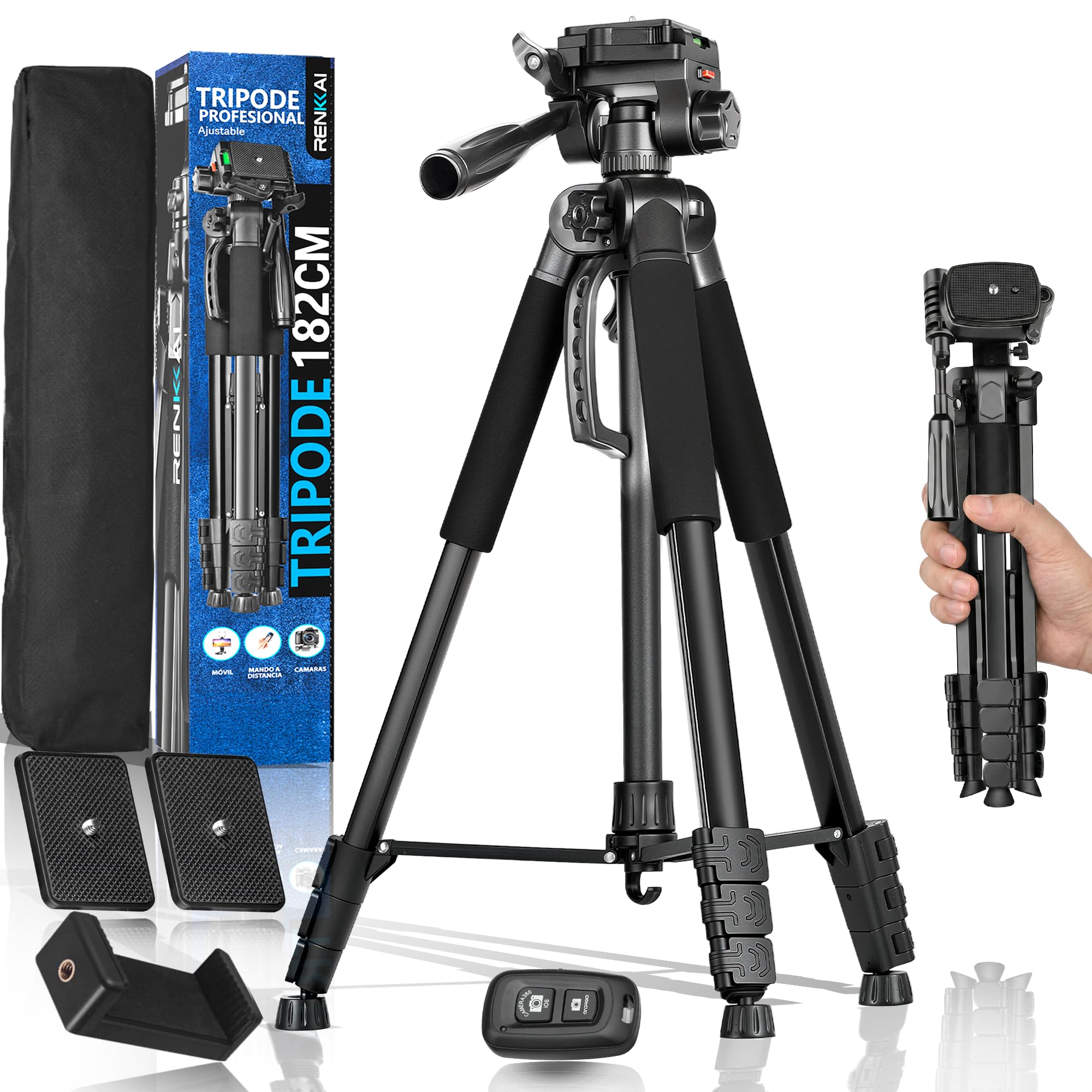 182CM | Tripode Camara | Super Estable | tripode para movil | Tripode con Columna Transversal | Tripod | Soporte para telefono + Mando para Fotos + Bolsa de Transporte INCLUIDOS |hasta 3kg