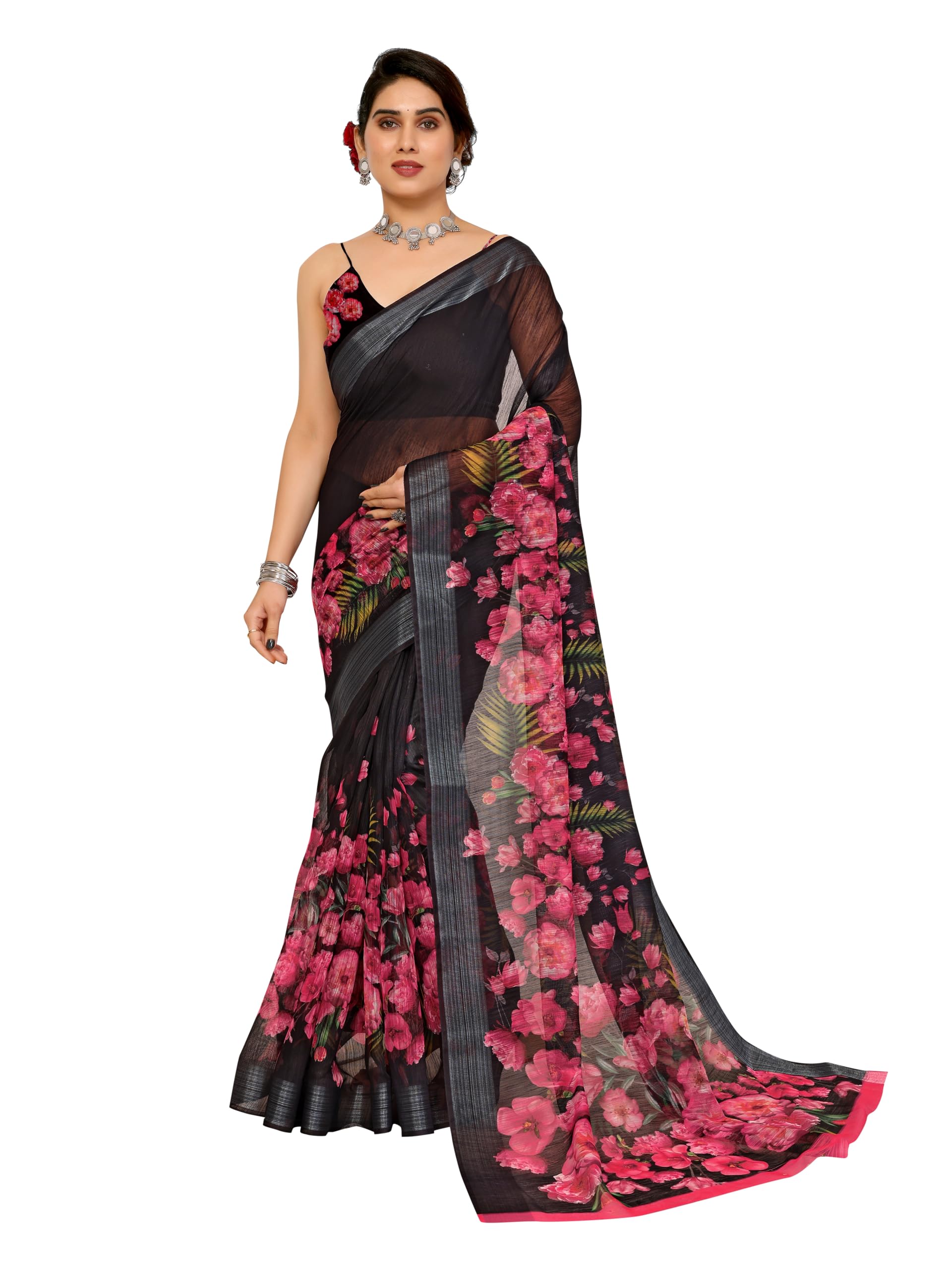 hema silk mills Women's Cotton Blend Floral Digital Printed Traditional Jari Weave Border Saree With Blouse Piece 4002_AALIA FLOWER BLACK-picture-1