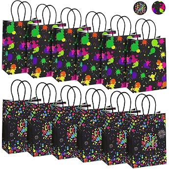 AMFUN Pack of 12 Neon Party Gift Bags Children's Birthday Glow in the Dark Gift Bags with Handle Paper Bags Small for Birthday Neon Fancy Dress