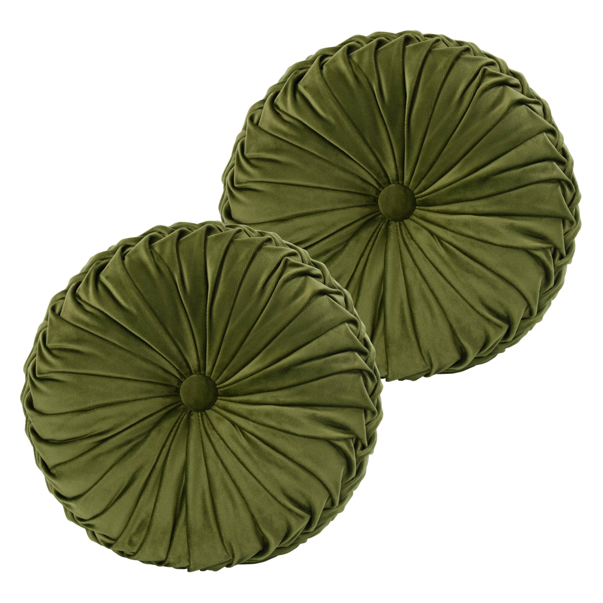 HIG Set of 2 Decorative Round Pleated Throw Pillows, Classy Accent Pumpkin Throw Pillows with Center Button, Vintage Velvet Floor Pillows for Sofa Couch Vanity Chair Bed, Olive, 14.5" Diameter(Ripple)OEKO-TEX STANDARD 100