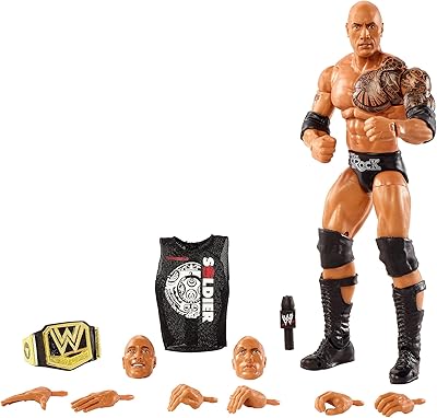 WWE Ultimate Edition The Rock Action Figure with Interchangeable Heads, Swappable Hands, & WWE Championship for Ages 8 Years Old & Up