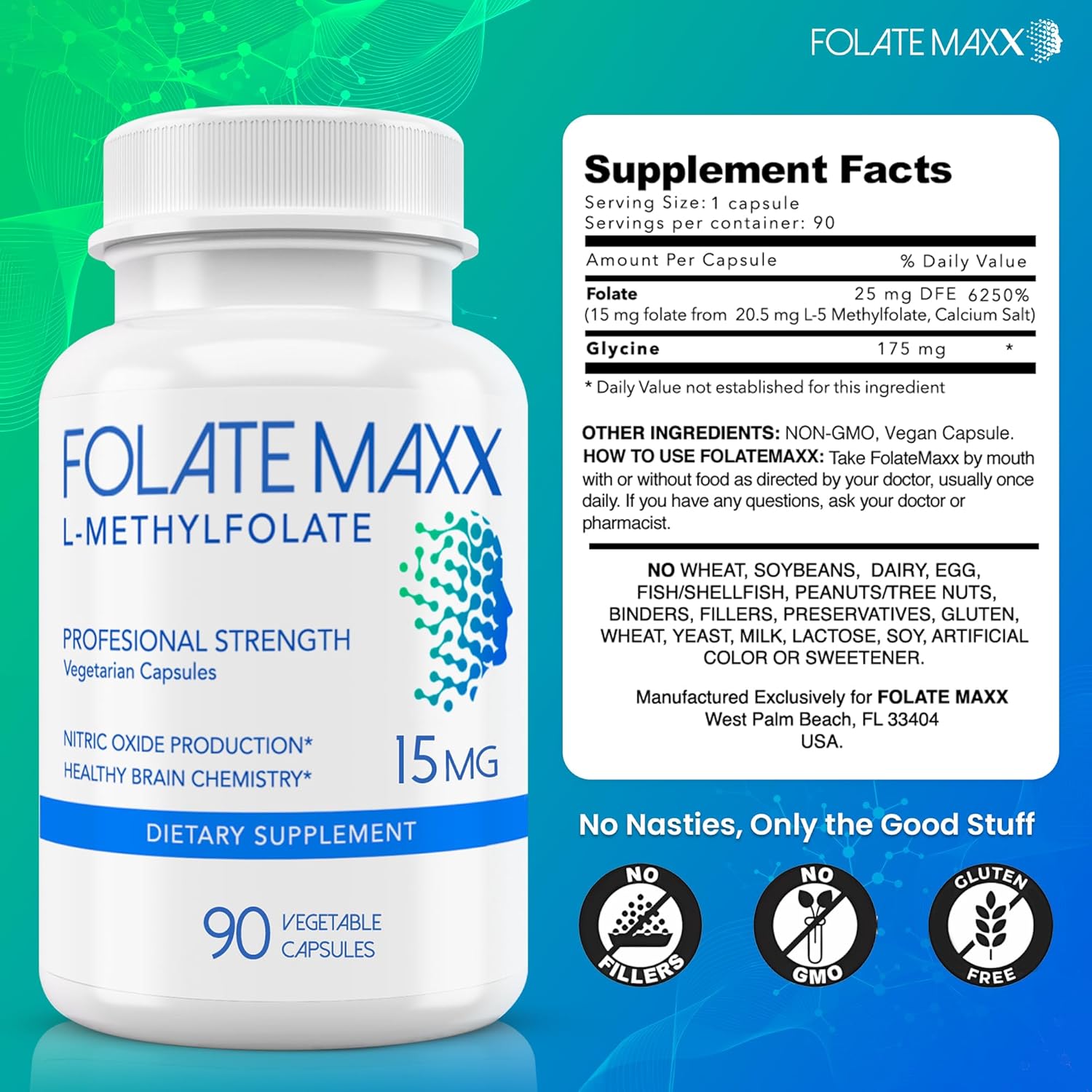 FolateMaxx L Methylfolate 15mg, 90 Capsules – Doctor Formulated Methyl Folate Supplement for Women & Men – High Potency 5-MTHF for Energy, Mood & Focus – Non-GMO, Gluten-Free (3-Month Supply)