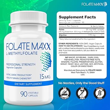 FolateMaxx L Methylfolate 15mg, 90 Capsules Doctor Formulated Methyl Folate Supplement for Women & Men High Potency 5-MTHF for Energy, Mood & Focus Non-GMO, Gluten-Free (3-Month Supply)