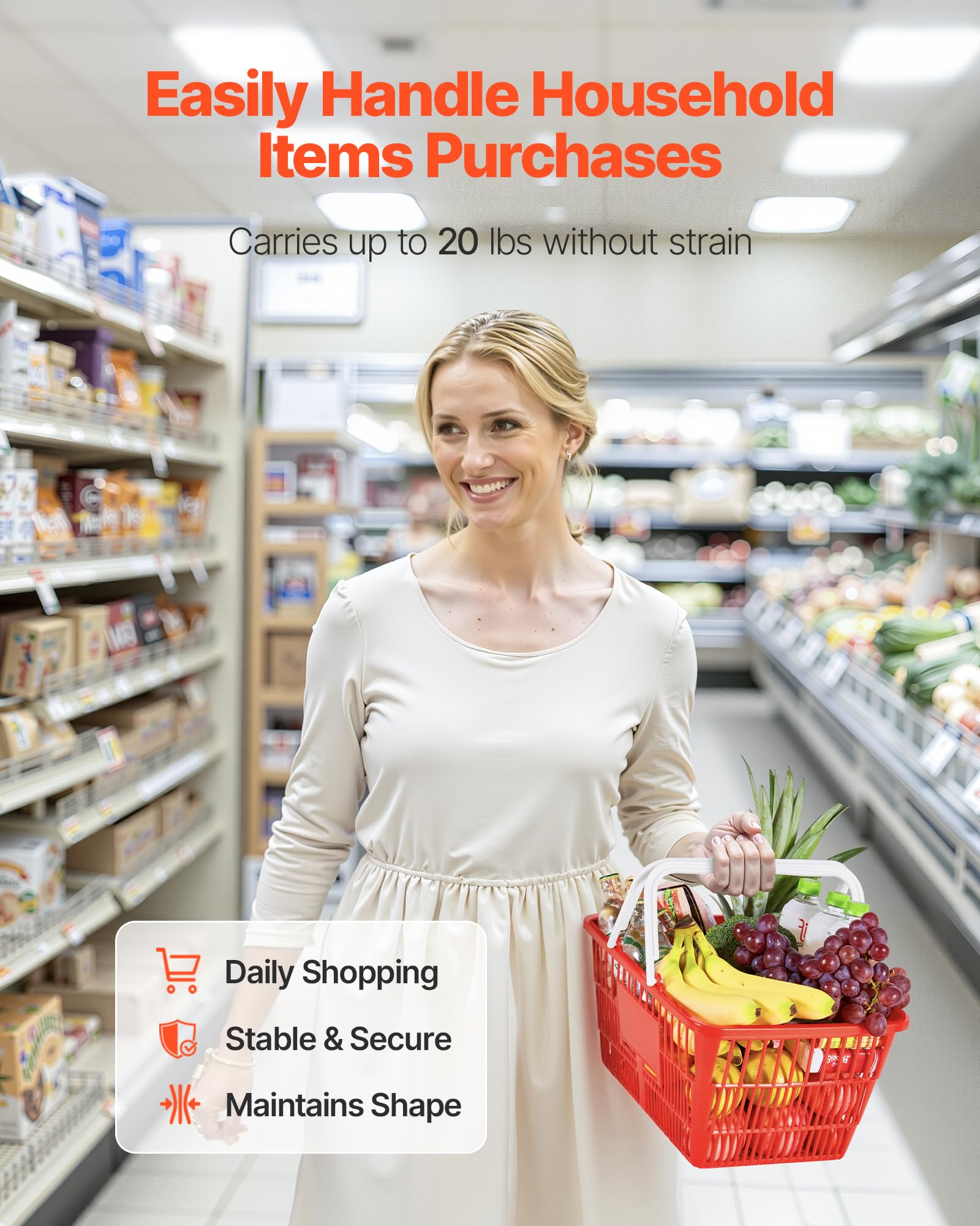 VEVOR Panier de Courses Plastique PE Panier à Provisions Empilables, Lot de 4, 21 L avec Poignées, Structure Maille Dense, Charge 9 kg, pour Épicerie, Vente au Détail, Magasins, Supermarchés, Rouge