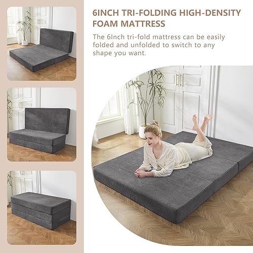 Miniatura 4 de BYBYME Colchón de Pana Tri-Plegable, Cubrecolchón Plegable de Gel de 6 Pulgadas, Almohadilla Suave para Cama de Invitados y Camping Plegable, Funda