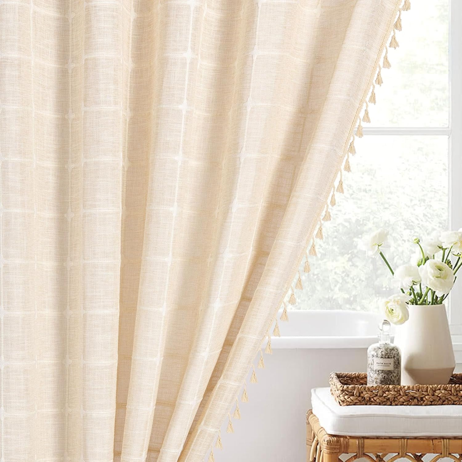 MitoVilla Beige Boho Shower Curtains for Modern Farmhouse Bathroom Decor, Cream Vintage Country Thick Polyester Linen Fabric Shower Curtain, Rustic Tassel Cloth Shower Curtain, 72 x 72