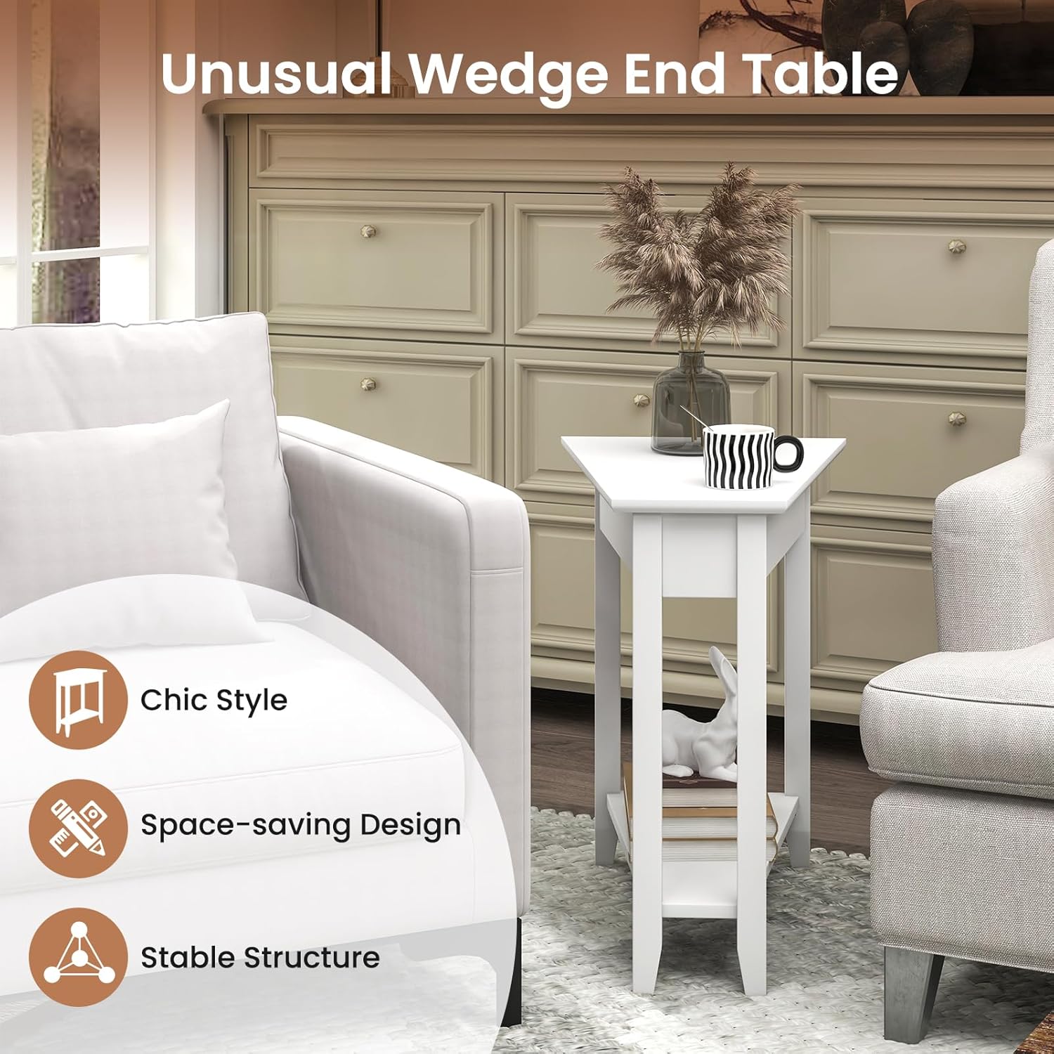 GOFLAME 2-Tier Wedge End Table Set of 2, Narrow Triangle Side Table with Storage Shelf, Solid Wood Legs, Nightstand, Recliner Wedge Table for Living Room, Bedroom, Small Space, White