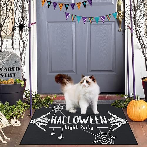 Miniatura 9 de CAROMIO Tapete de Halloween para puerta de 17 x 29 pulgadas, para interiores y exteriores, tapete de bienvenida de esqueleto, tapete decorativo de