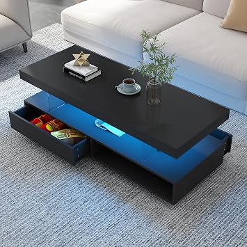 Modern LED Coffee Table with Storage, Center Table with 2 Drawers and Display Shelves, Accent Furniture with LED Lights for Living Room, Black