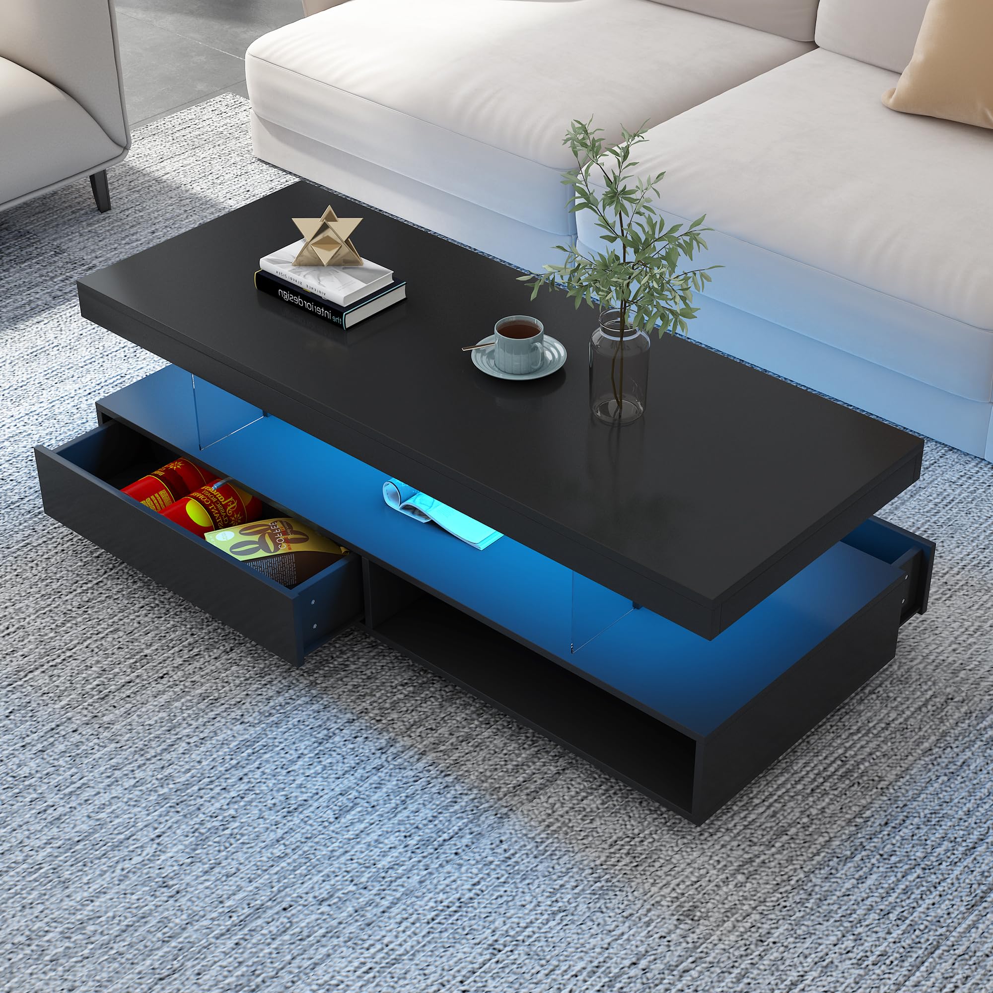 LED Coffee Table with Storage, LED Coffee Tables for Living Room, High Gloss Coffee Table with LED Lights, Modern Center Table with Open Display Shelf & 2 Sliding Drawers