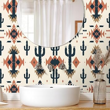 Terracotta Tribal Wallpaper Peel and Stick Western Wallpaper Native American Ethnic Geometric Wall Paper for Bedroom Living Room Geometric Cactus Contact Paper for Cabinets Accent Wall 17.5x80