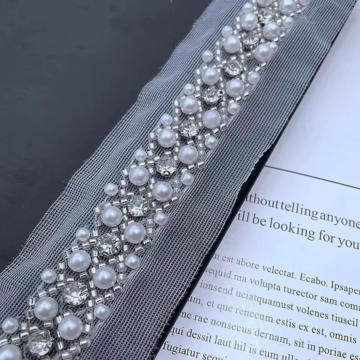 2cm Woven Pearl Embroidery lace, Flash Diamond DIY Clothing Collar Sleeves Pearl Piping Decorative Strip, Dress, Fashion Clothing Decorative Accessories.(2yards) (White)
