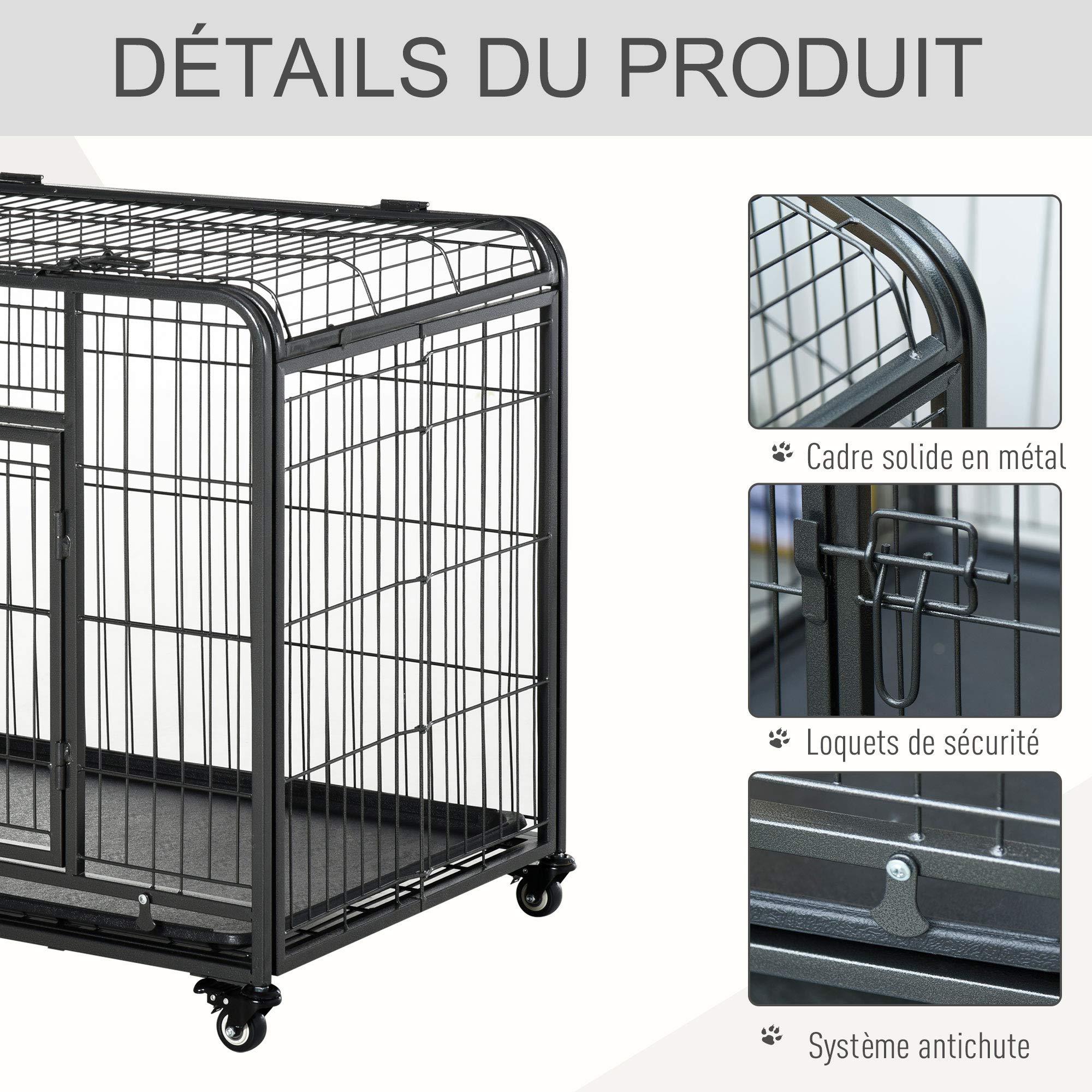 PawHut Cage pour Chien Pliable sur Roulettes 2 Portes Verrouillables Plateau Amovible 94x58x69,5 cm Métal Gris Noir