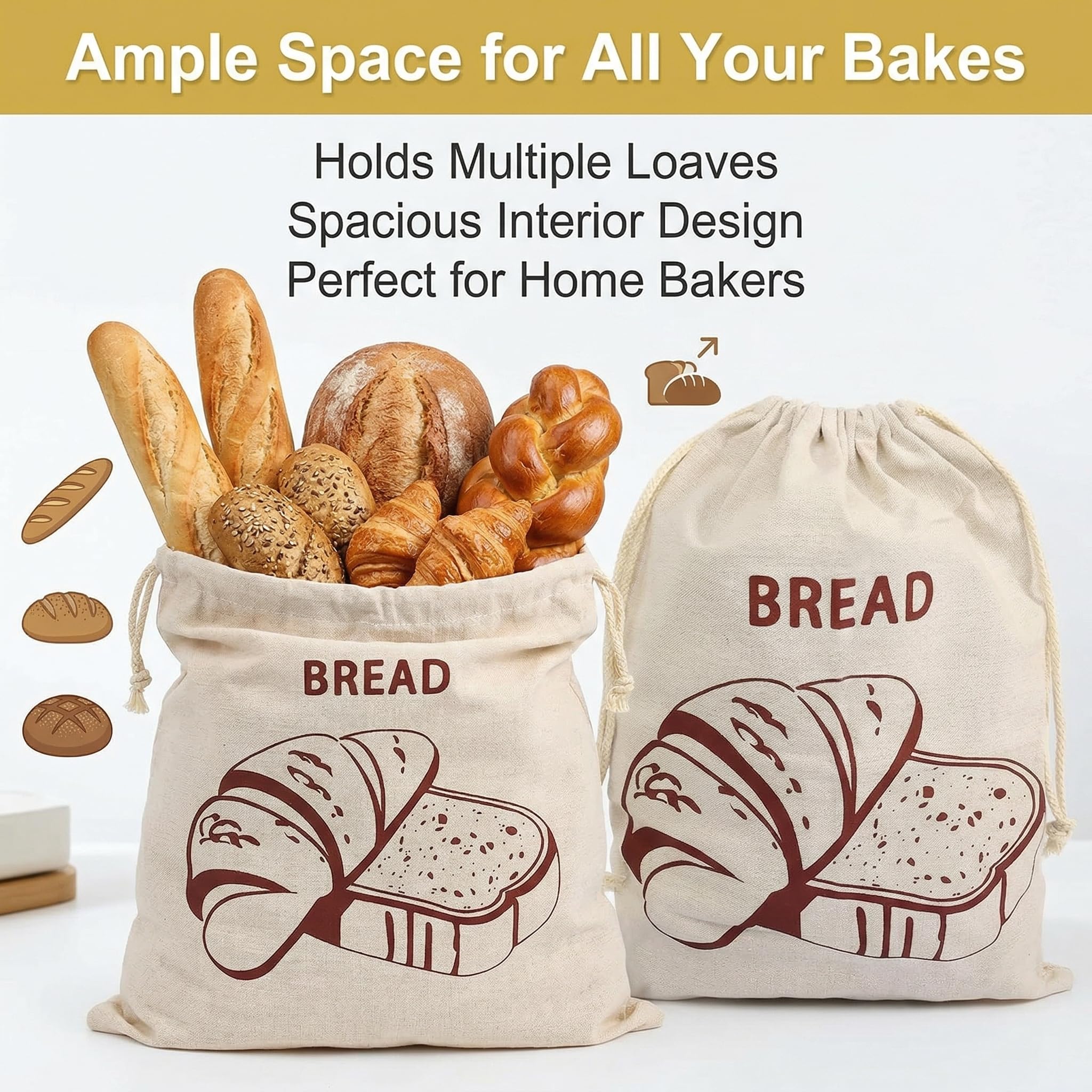 Sac à Pain Réutilisable en Tissu Lot de 2 30 x 40 cm avec Cordon de Serrage pour Baguette Fruits Stockage