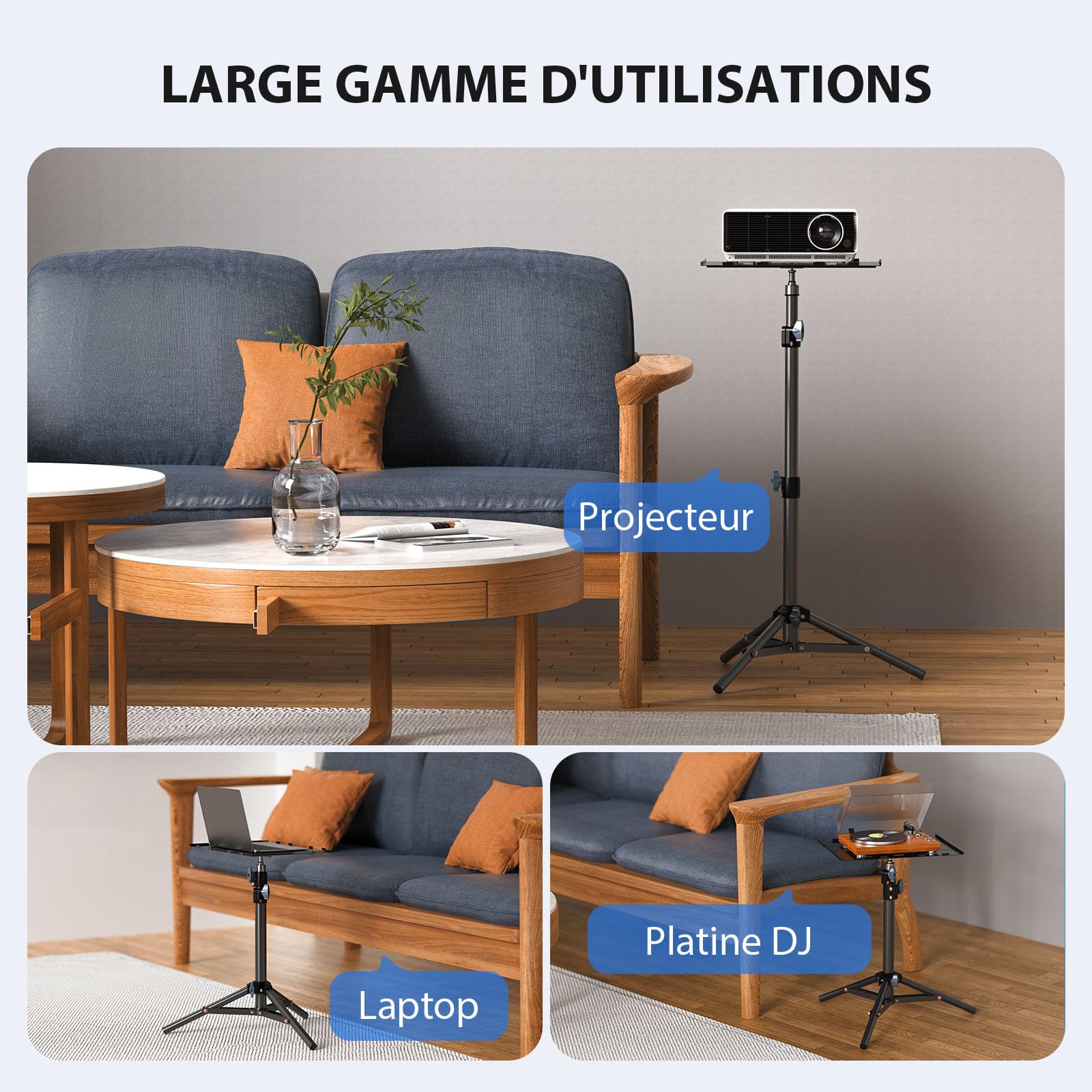 Support pour Projecteur, Trepied Videoprojecteur, Hauteur Réglable de 45 cm à 115 cm, Avec Plaque Pliante, Charge de 10 kg, Films en Plein Air et Camping